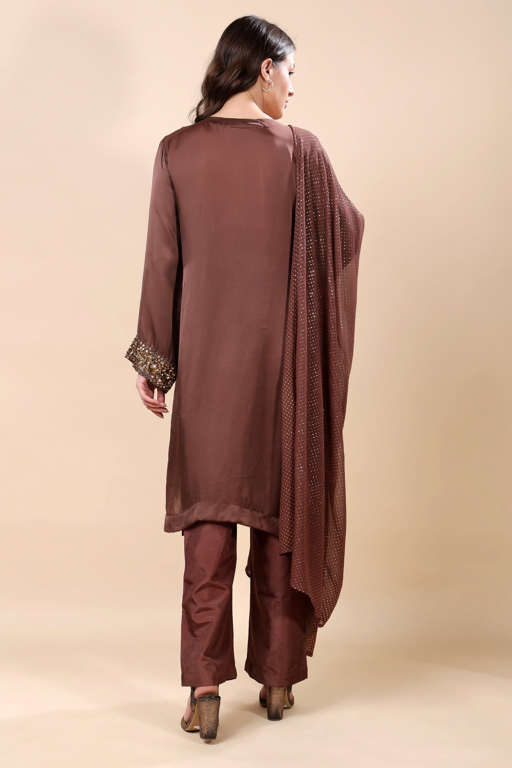Brown Satin Organza Embroidered Kurta Set