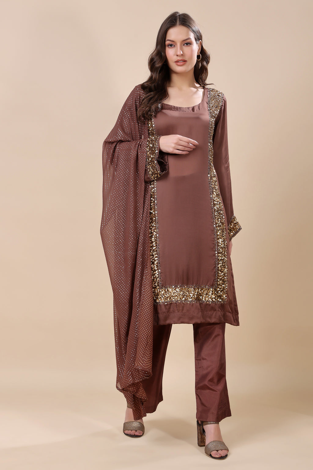 Brown Satin Organza Embroidered Kurta Set