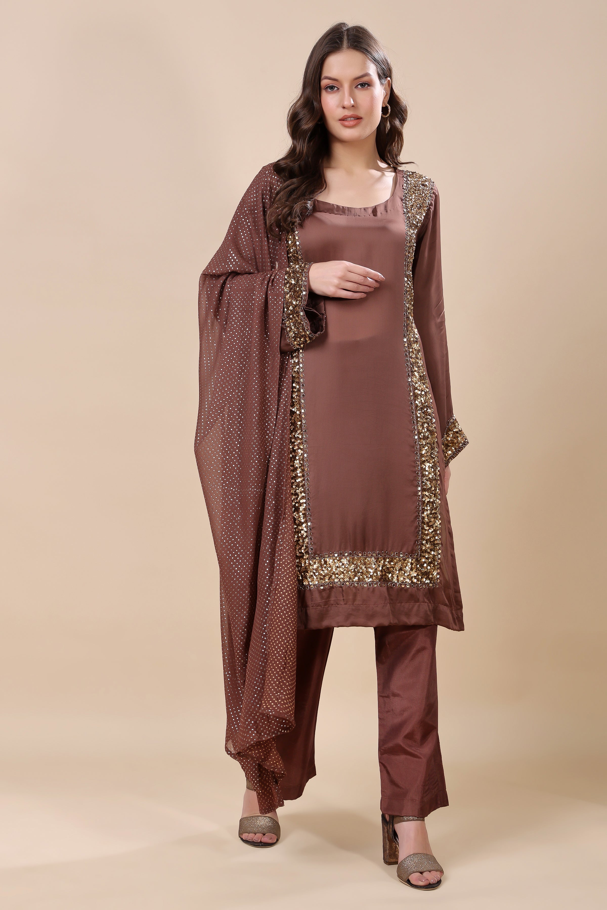 Brown Satin Organza Embroidered Kurta Set