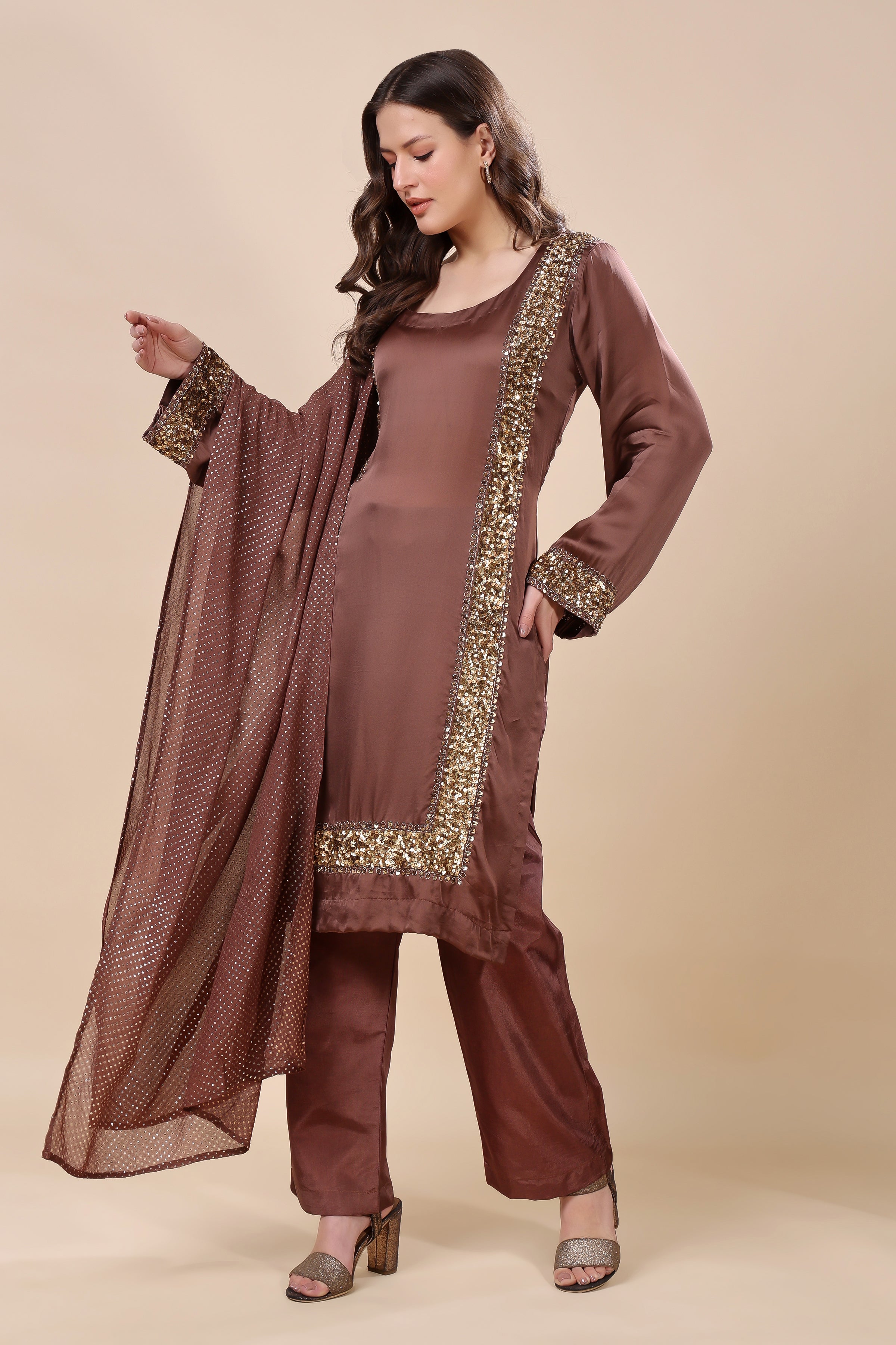 Brown Satin Organza Embroidered Kurta Set