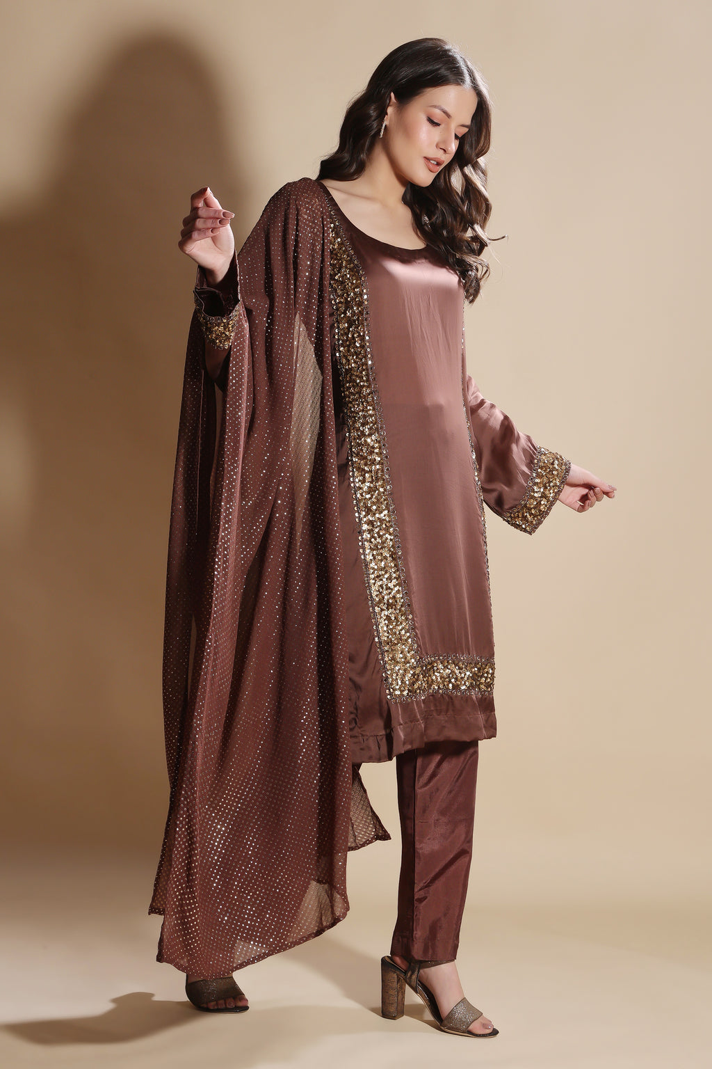Brown Satin Organza Embroidered Kurta Set