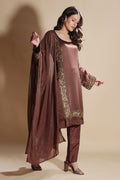 Brown Satin Organza Embroidered Kurta Set (Sample)