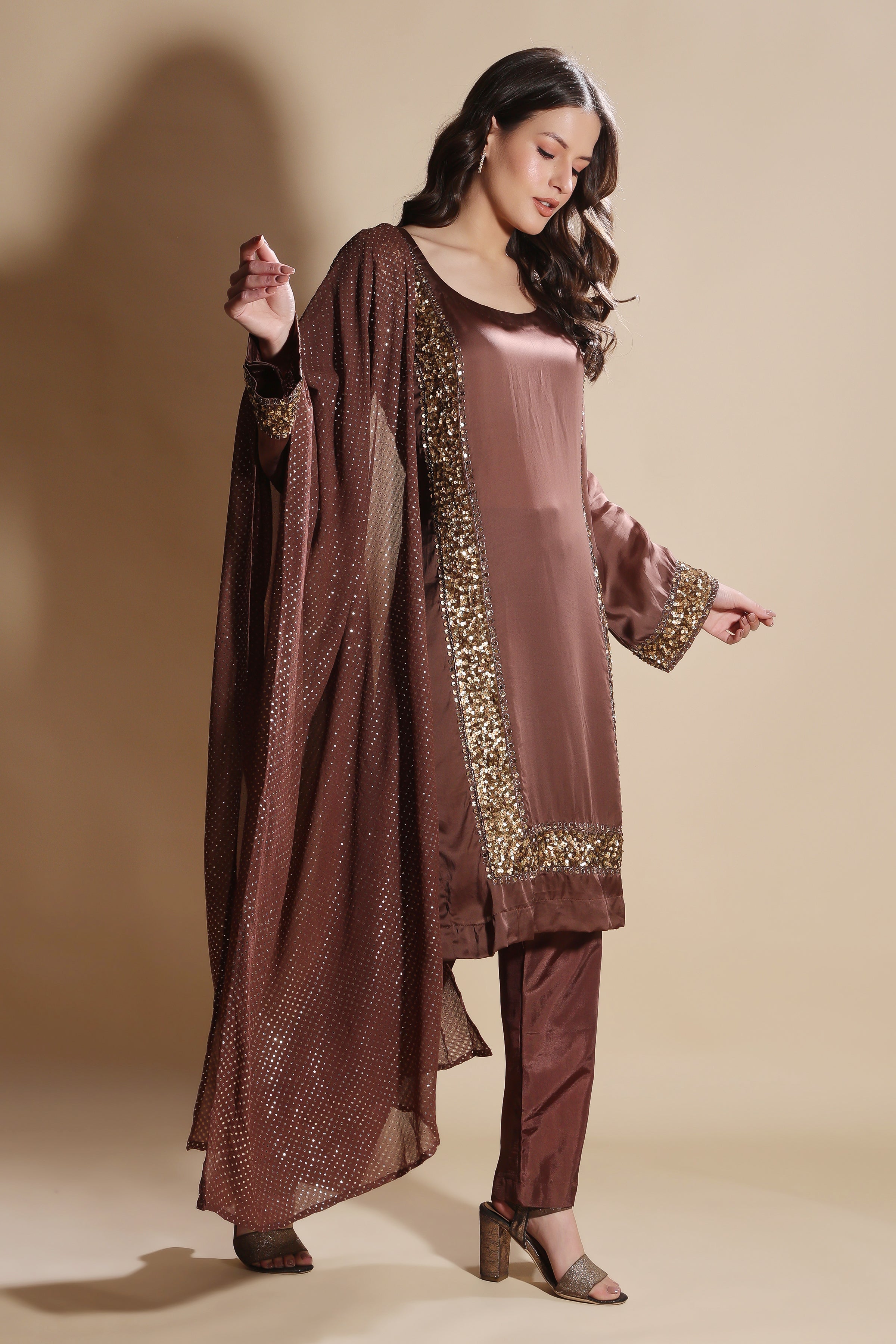 Brown Satin Organza Embroidered Kurta Set