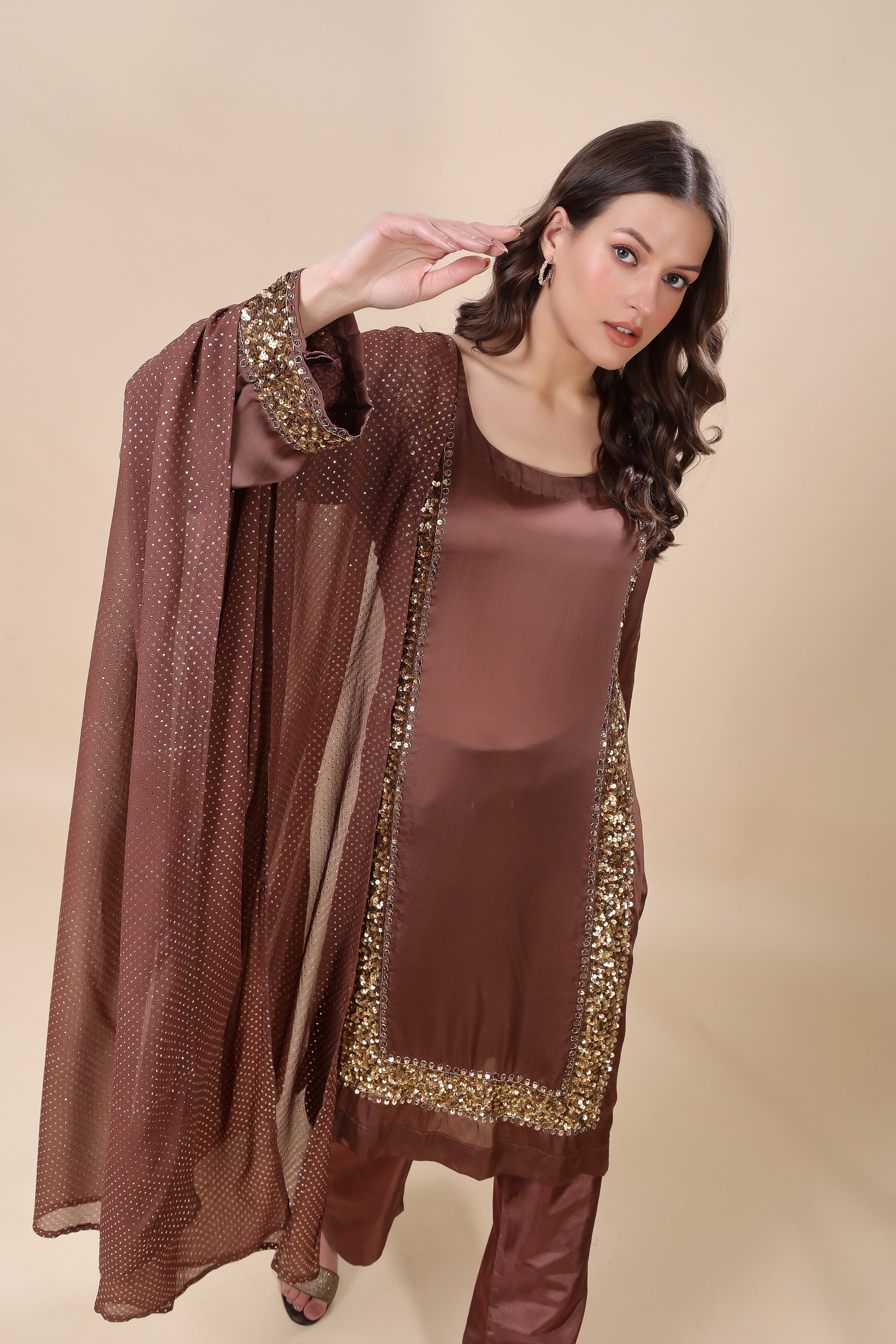 Brown Satin Organza Embroidered Kurta Set