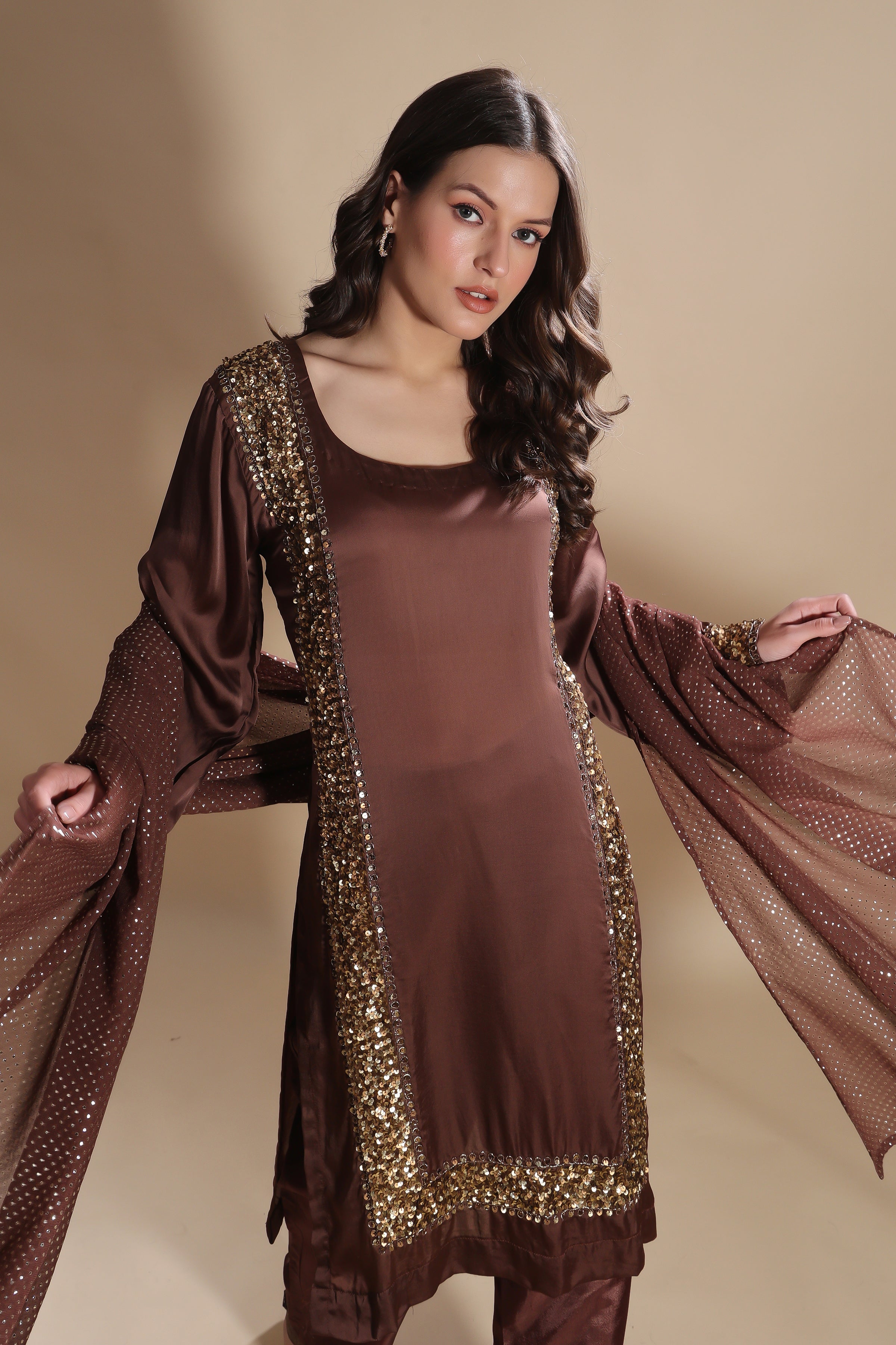 Brown Satin Organza Embroidered Kurta Set