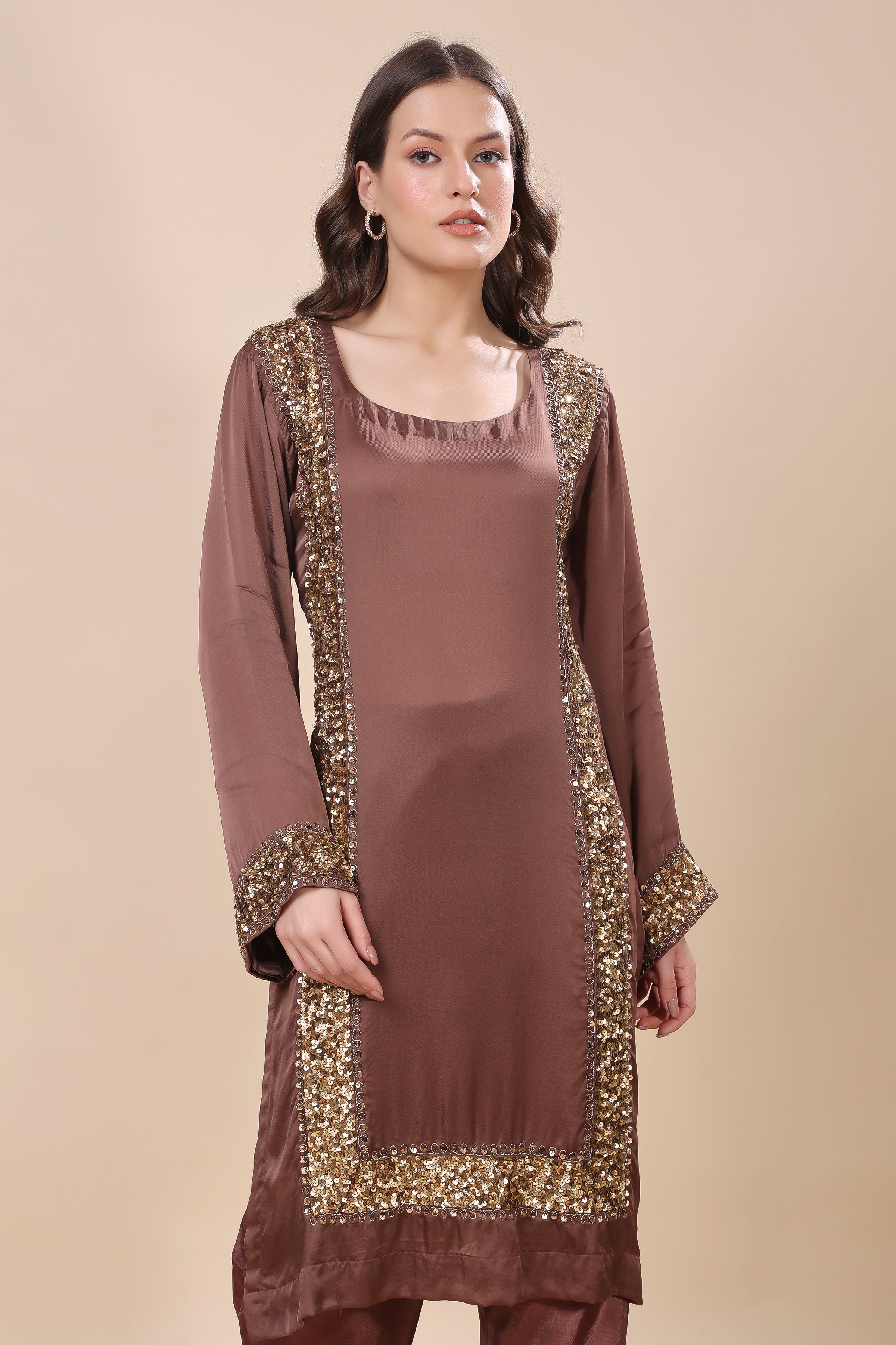 Brown Satin Organza Embroidered Kurta Set