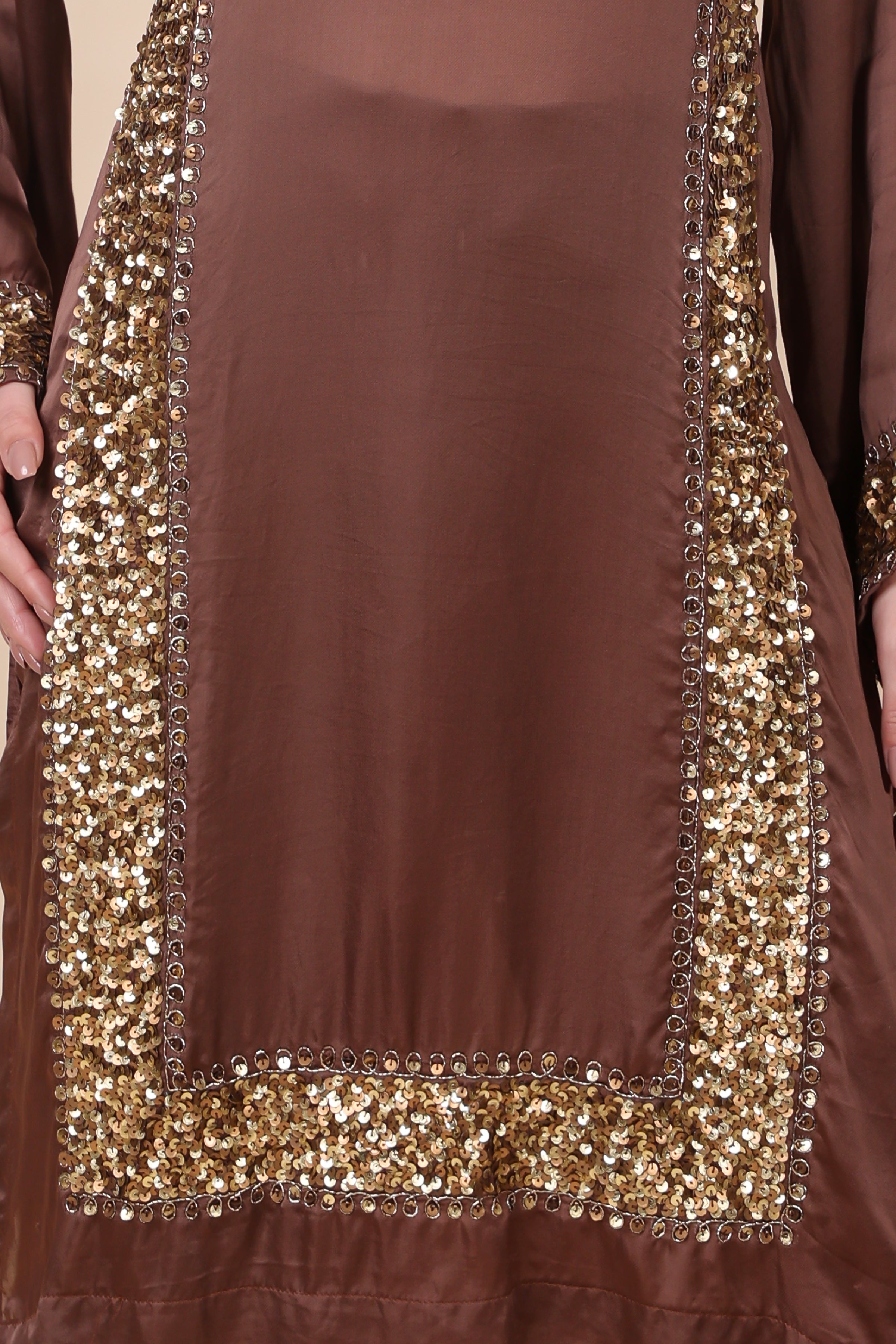 Brown Satin Organza Embroidered Kurta Set