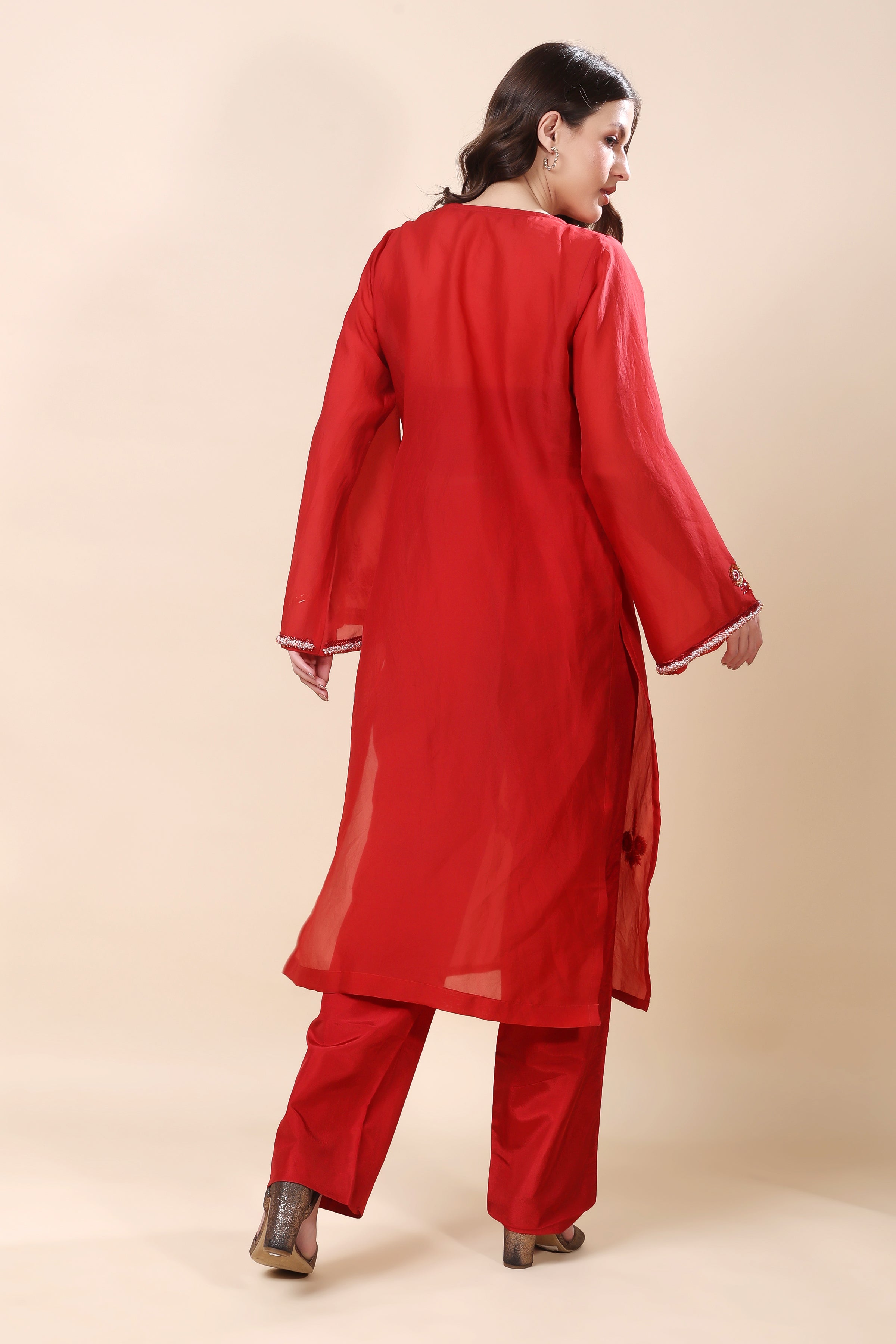Red Silk Organza Embroidered Suit