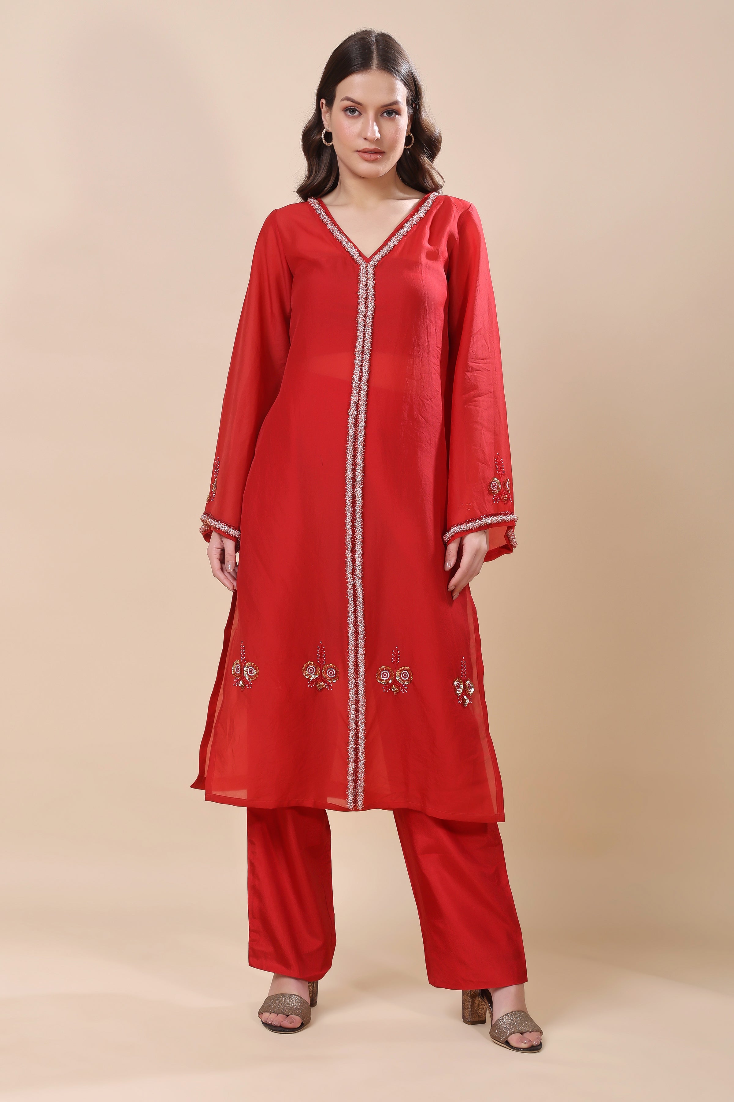 Red Silk Organza Embroidered Suit