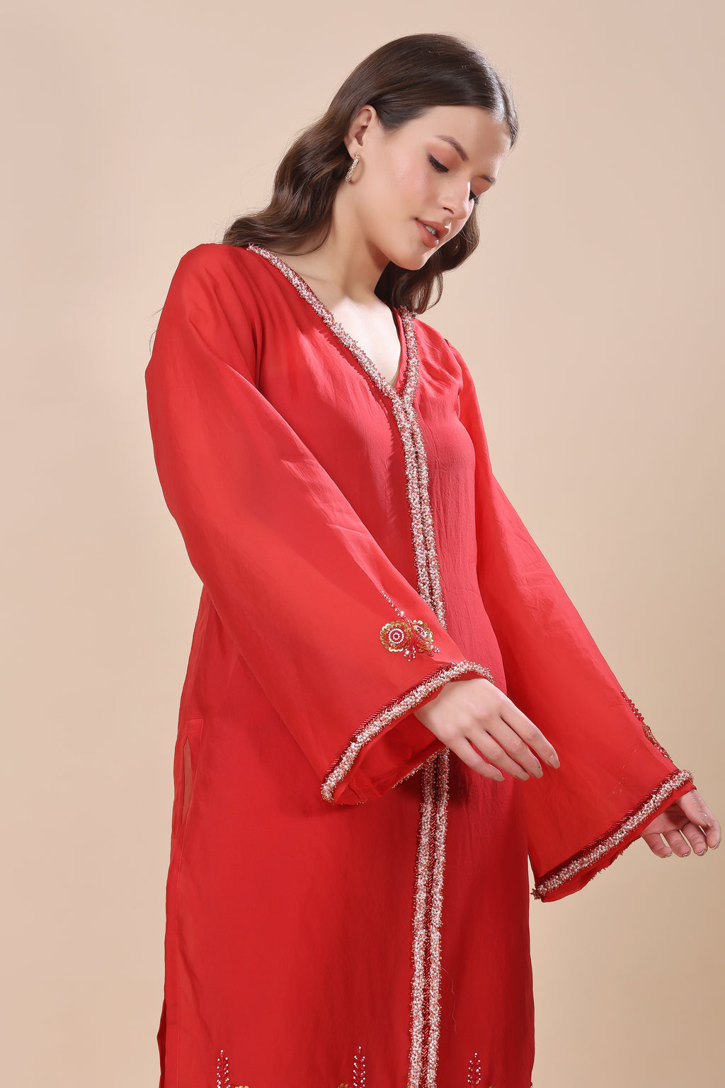 Red Silk Organza Embroidered Suit