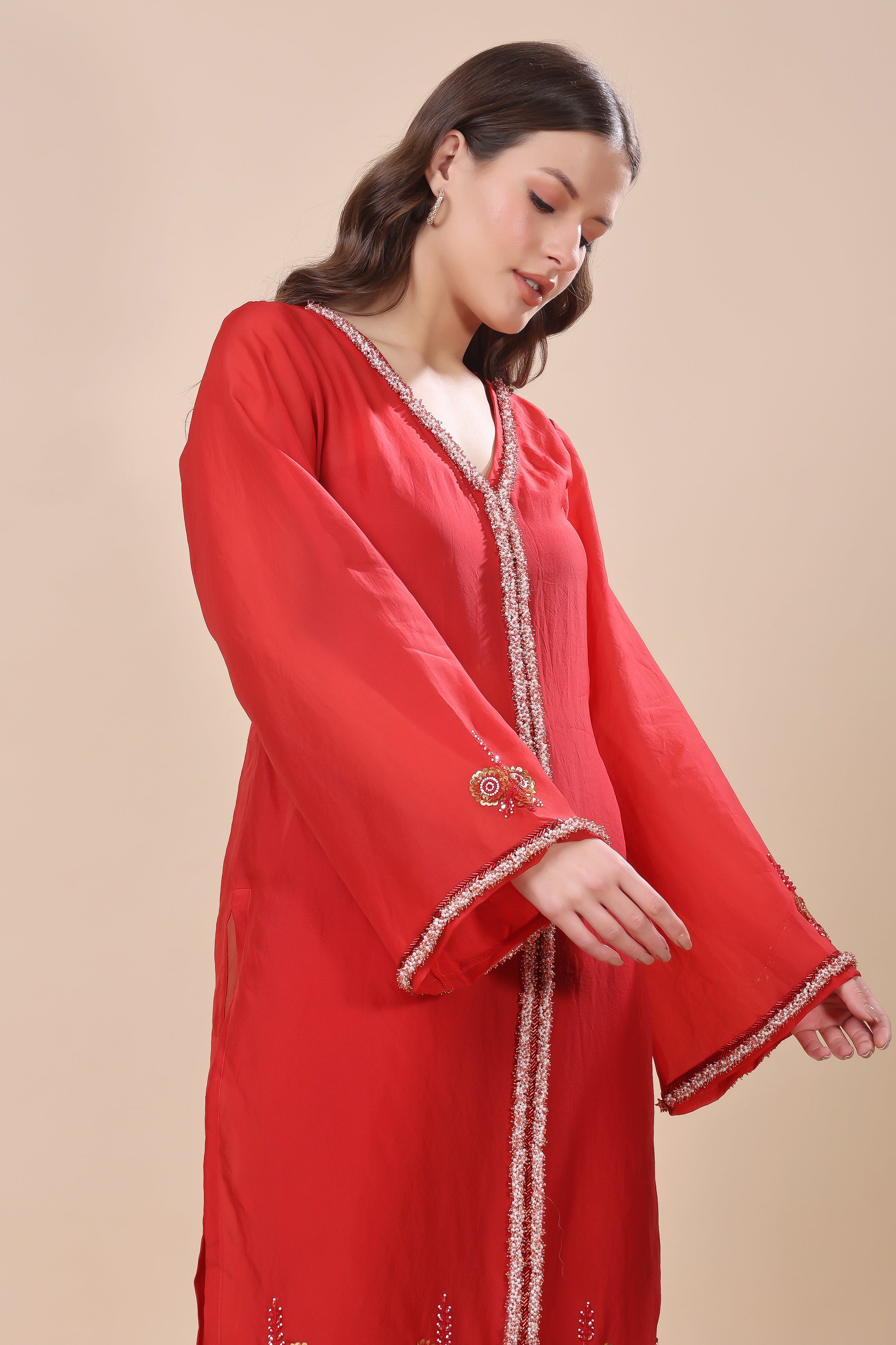 Red Silk Organza Embroidered Suit
