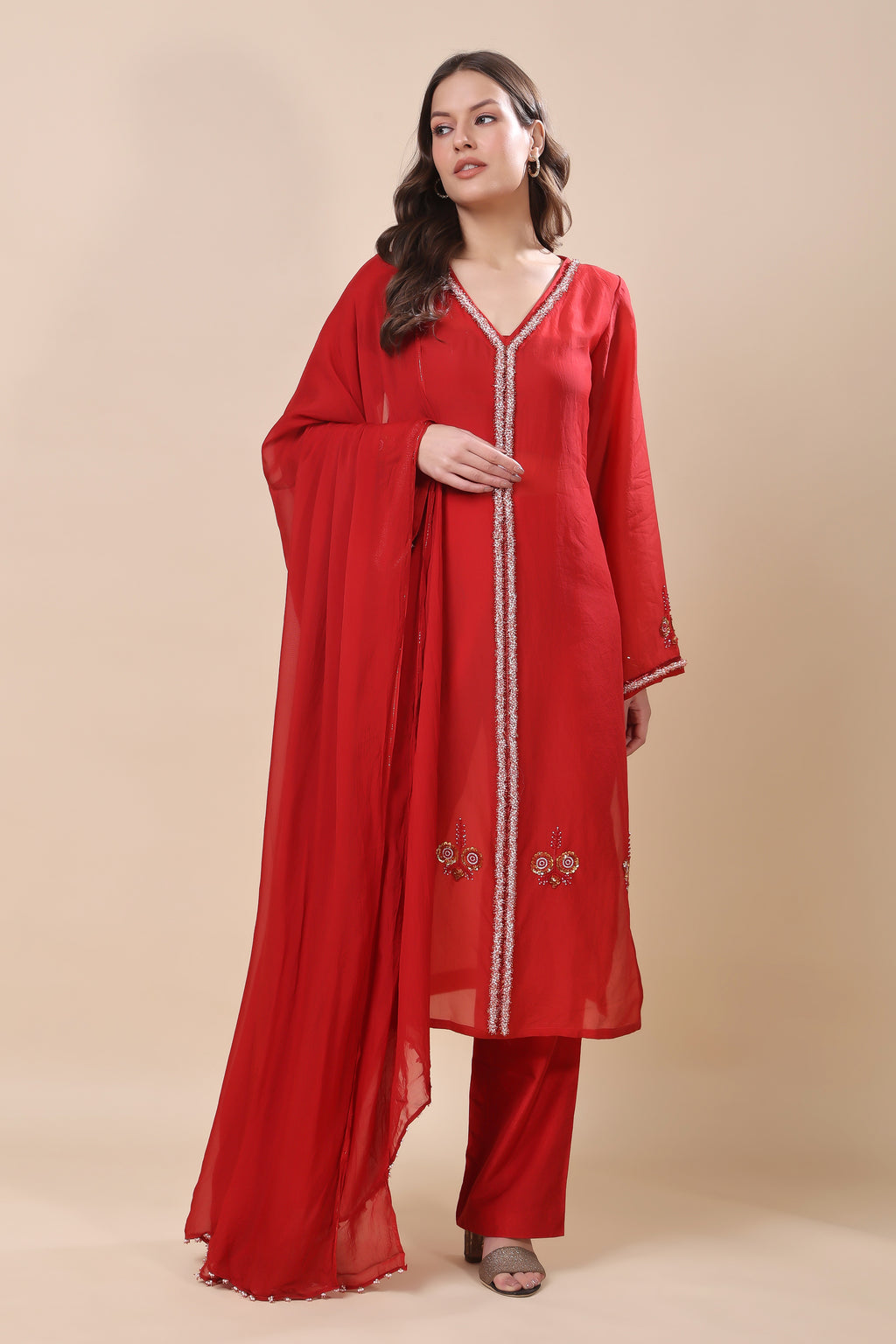 Red Silk Organza Embroidered Suit