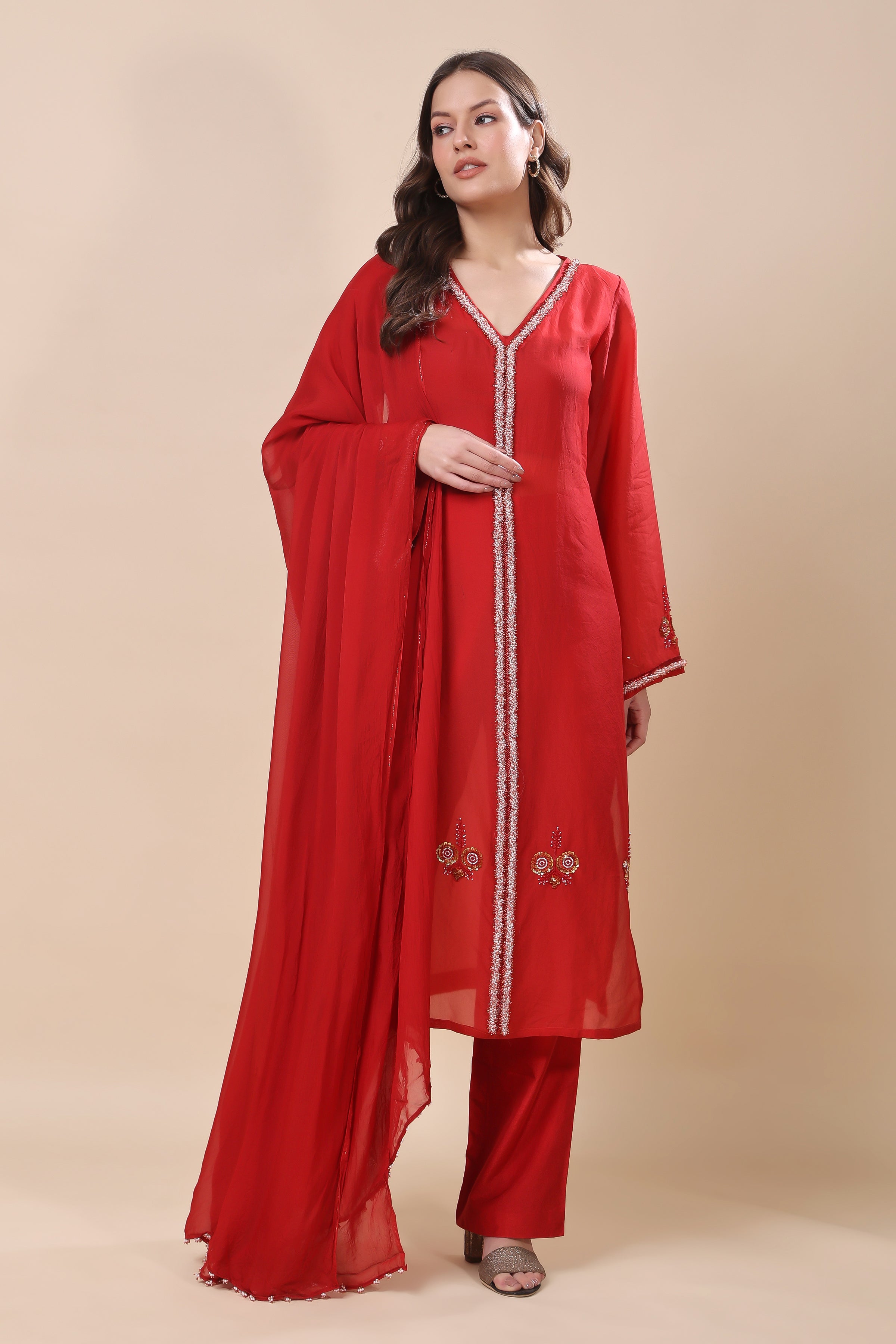 Red Silk Organza Embroidered Suit