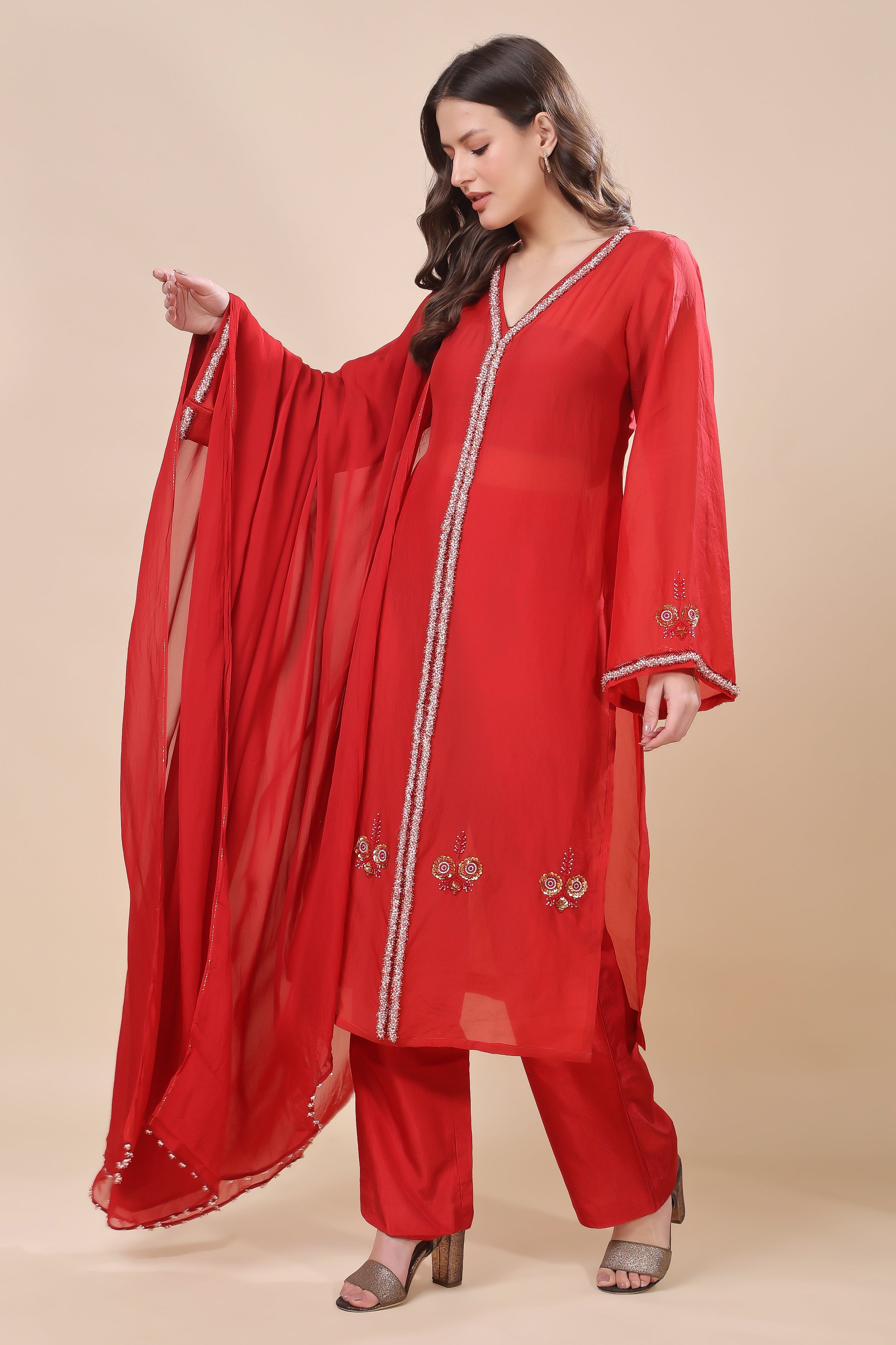 Red Silk Organza Embroidered Suit
