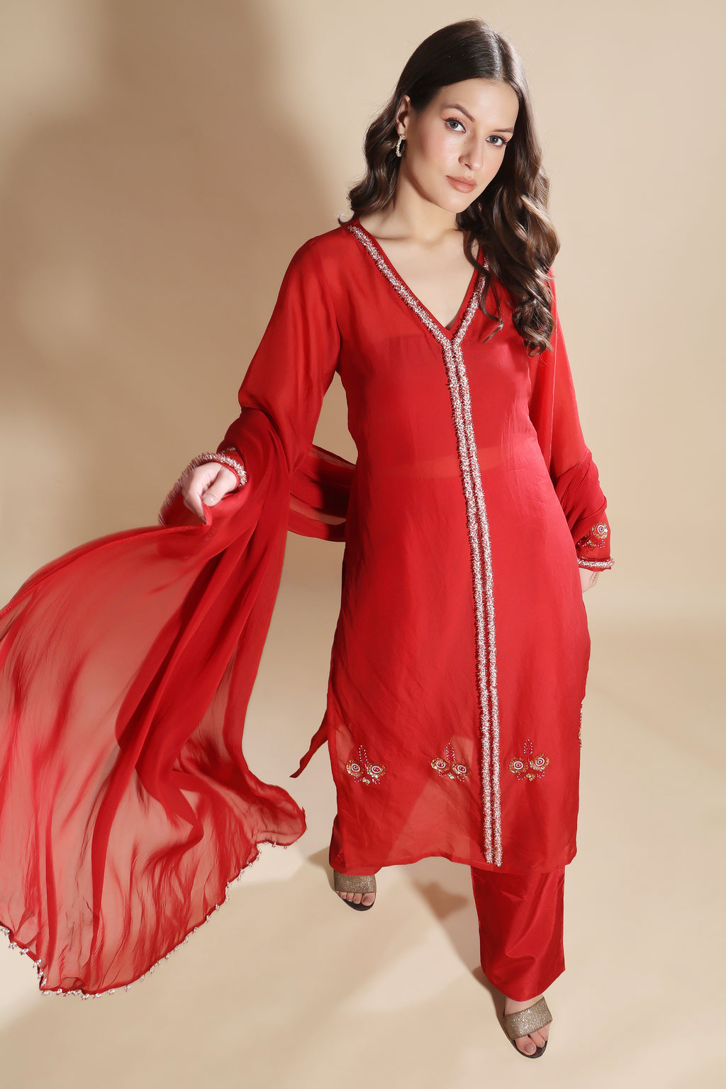 Red Silk Organza Embroidered Suit