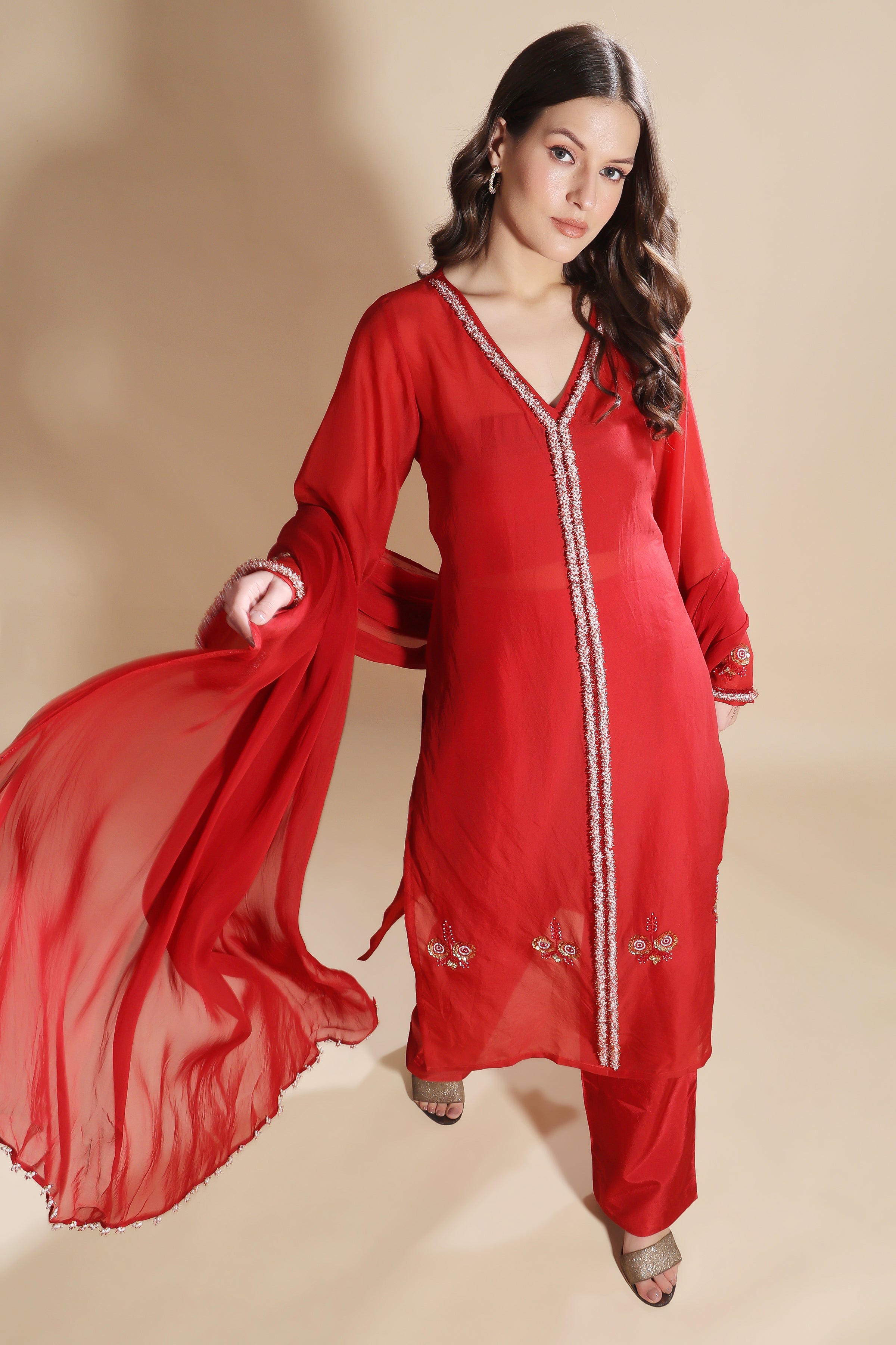 Red Silk Organza Embroidered Suit