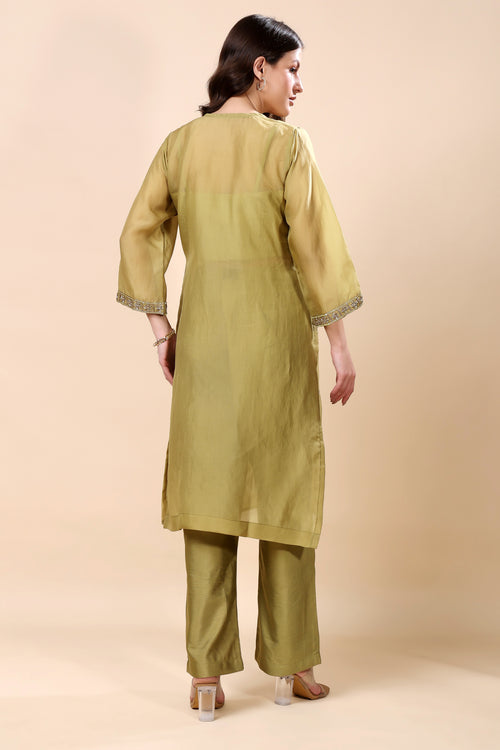 Green Silk Organza Embroidered Kurta Set (Sample)
