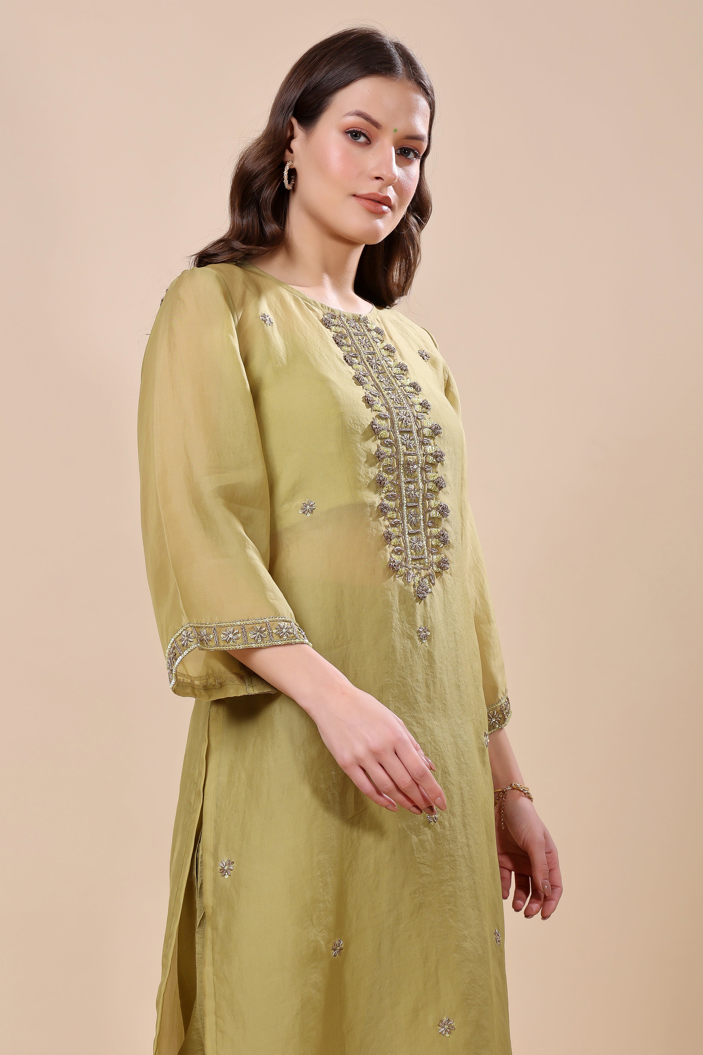 Green Silk Organza Embroidered Kurta Set
