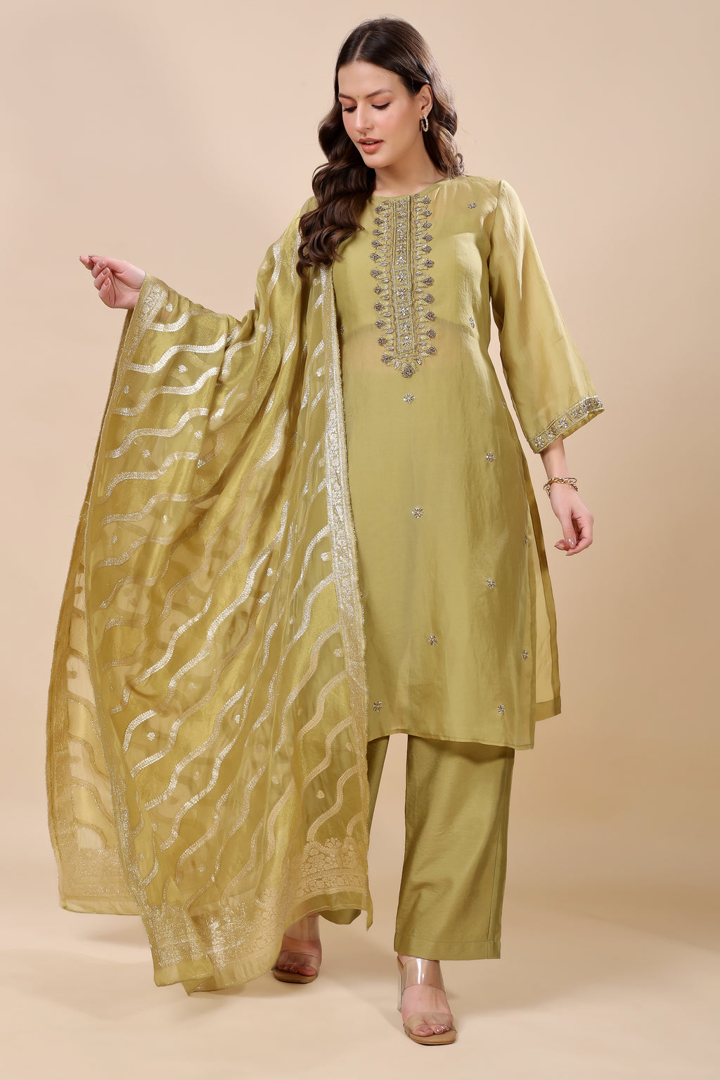 Green Silk Organza Embroidered Kurta Set