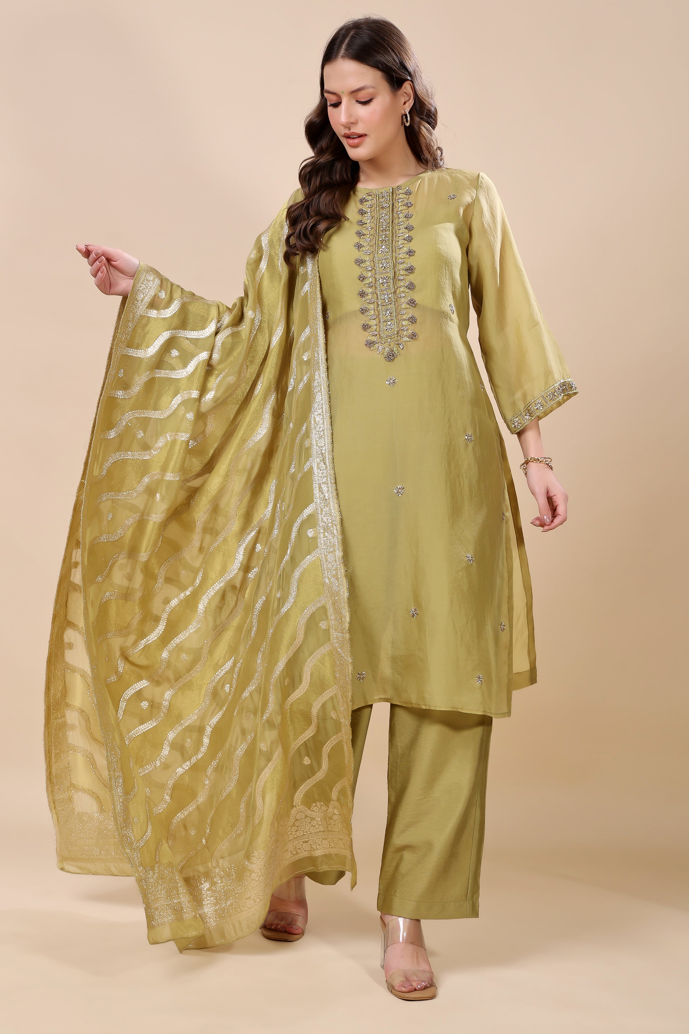 Green Silk Organza Embroidered Kurta Set