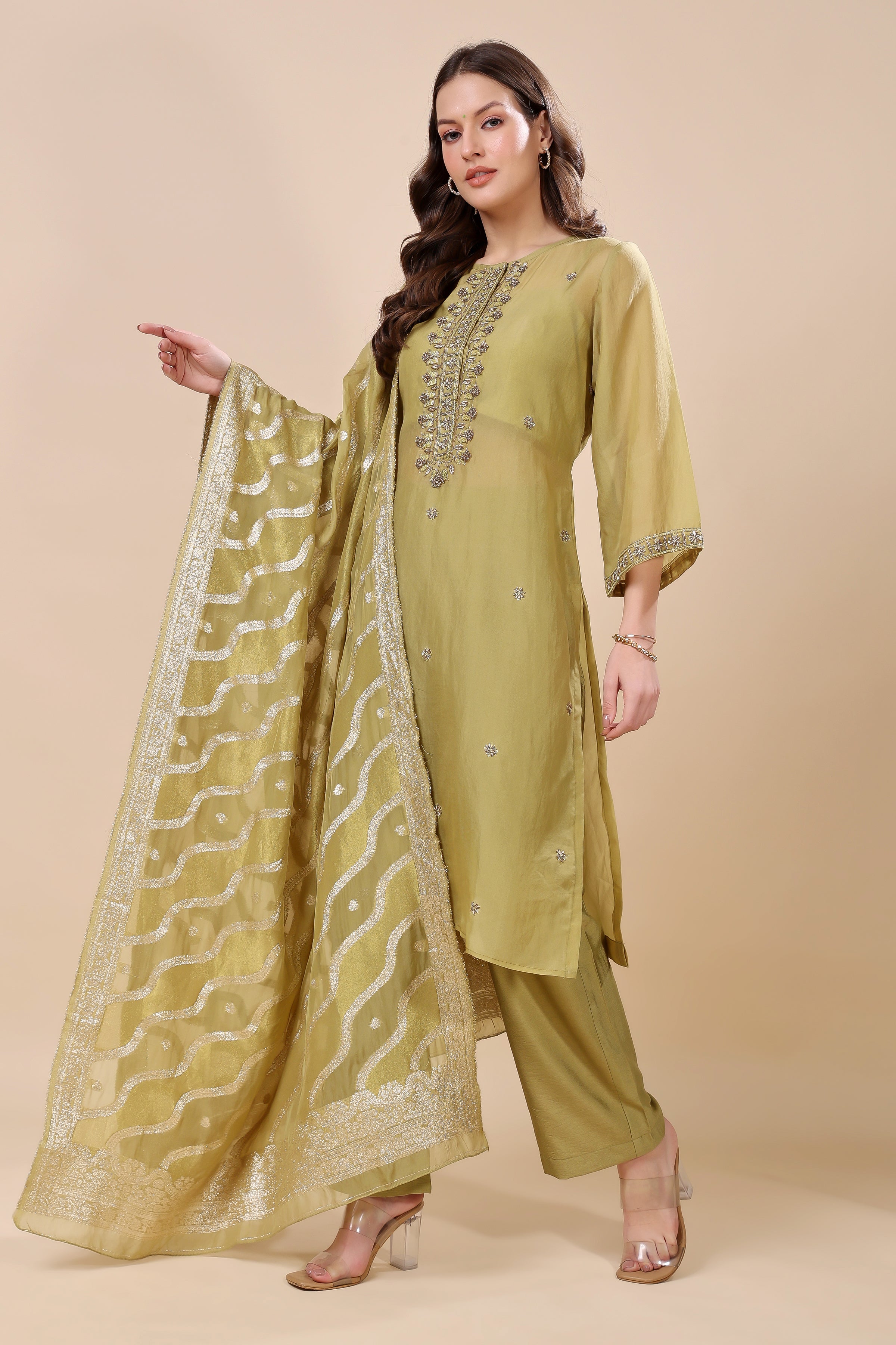 Green Silk Organza Embroidered Kurta Set
