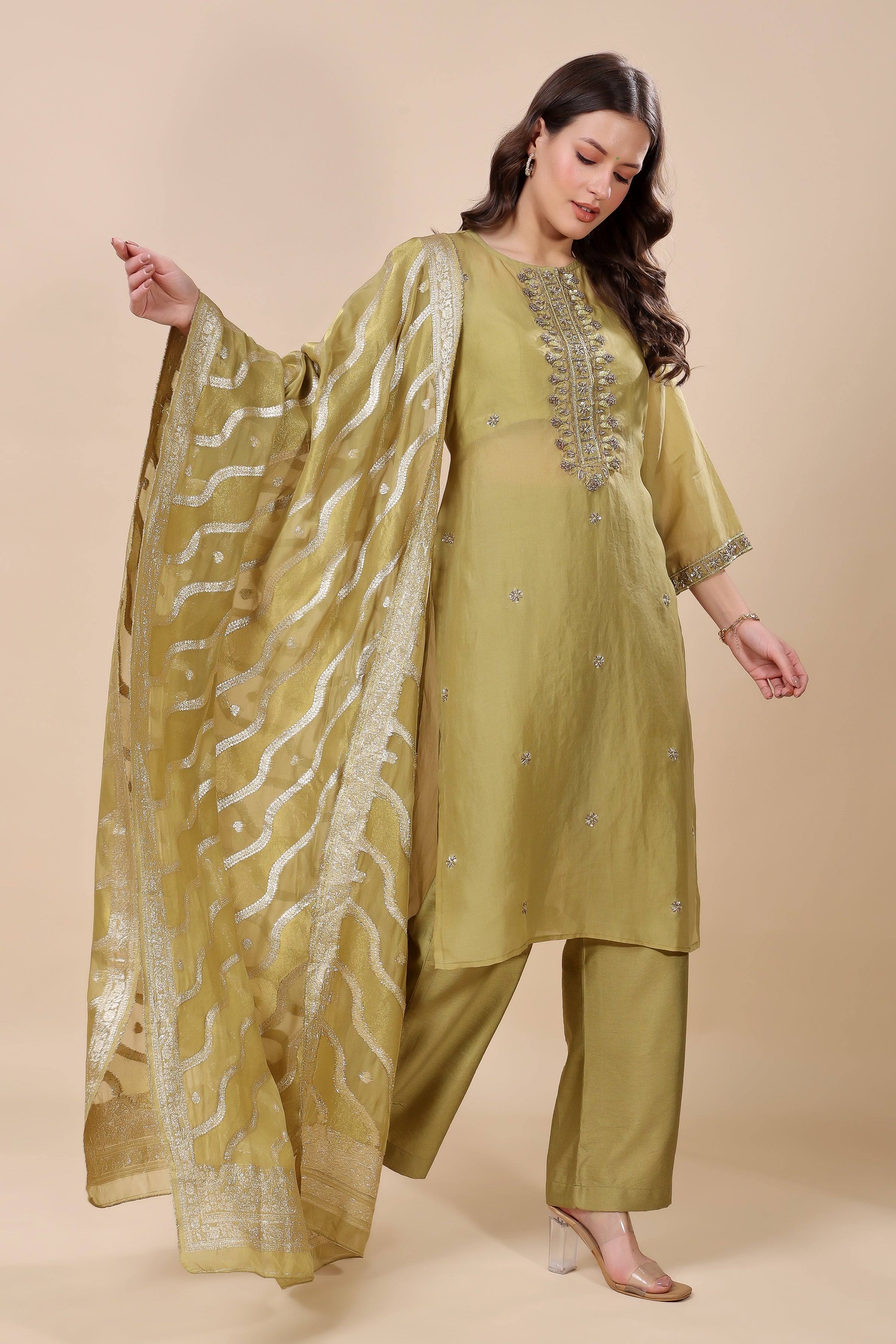 Green Silk Organza Embroidered Kurta Set