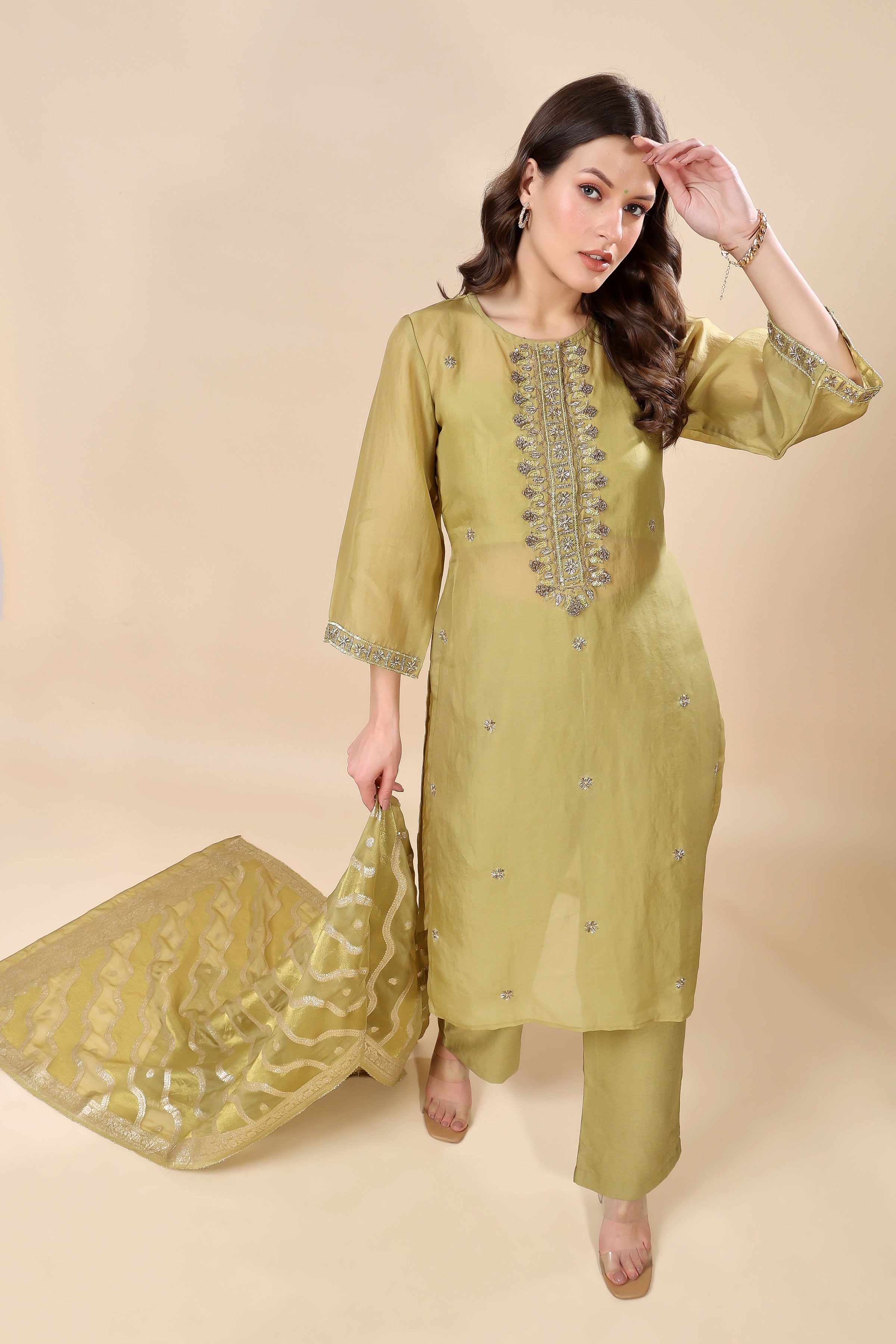 Green Silk Organza Embroidered Kurta Set