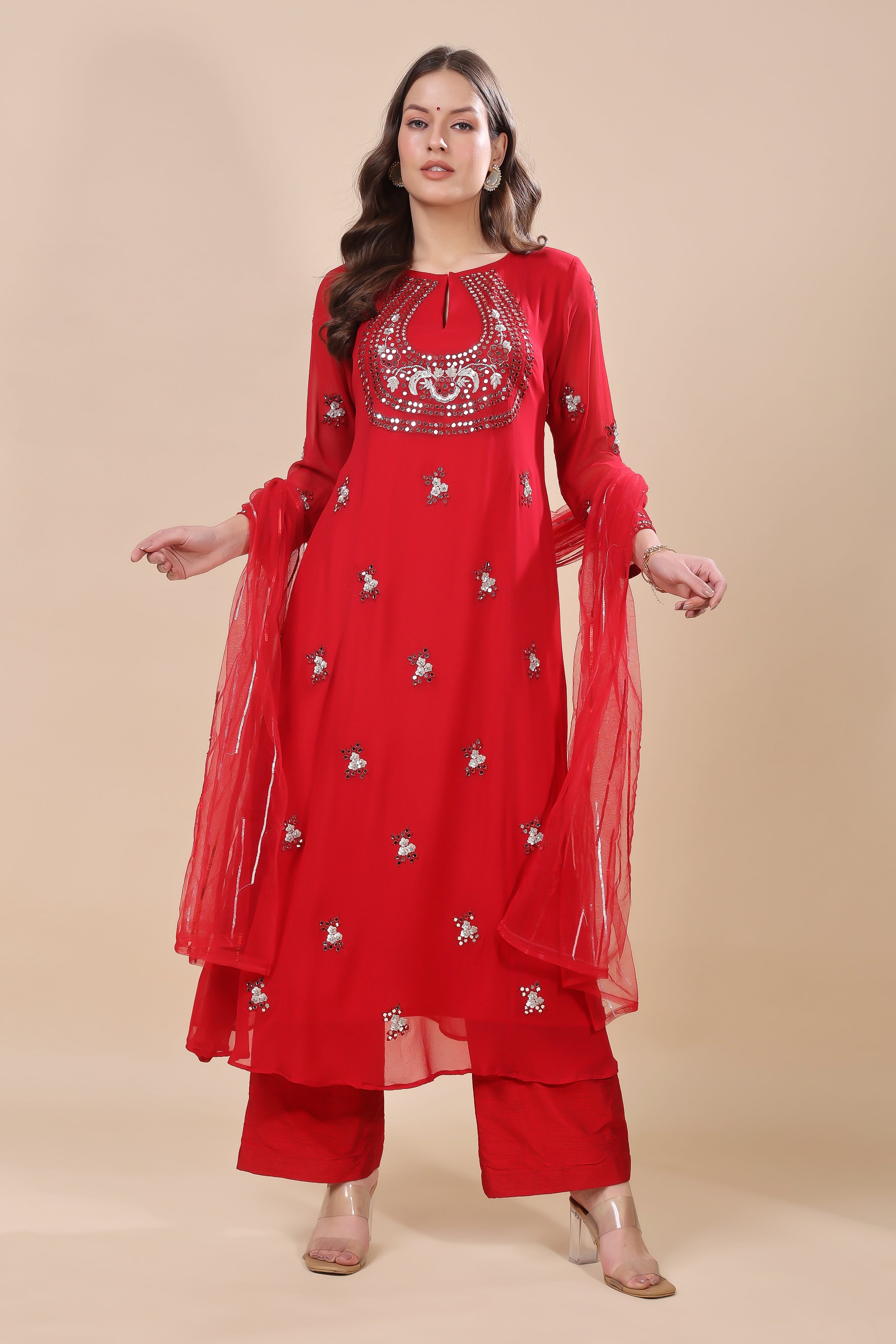 Red Embroidered Kurta Set