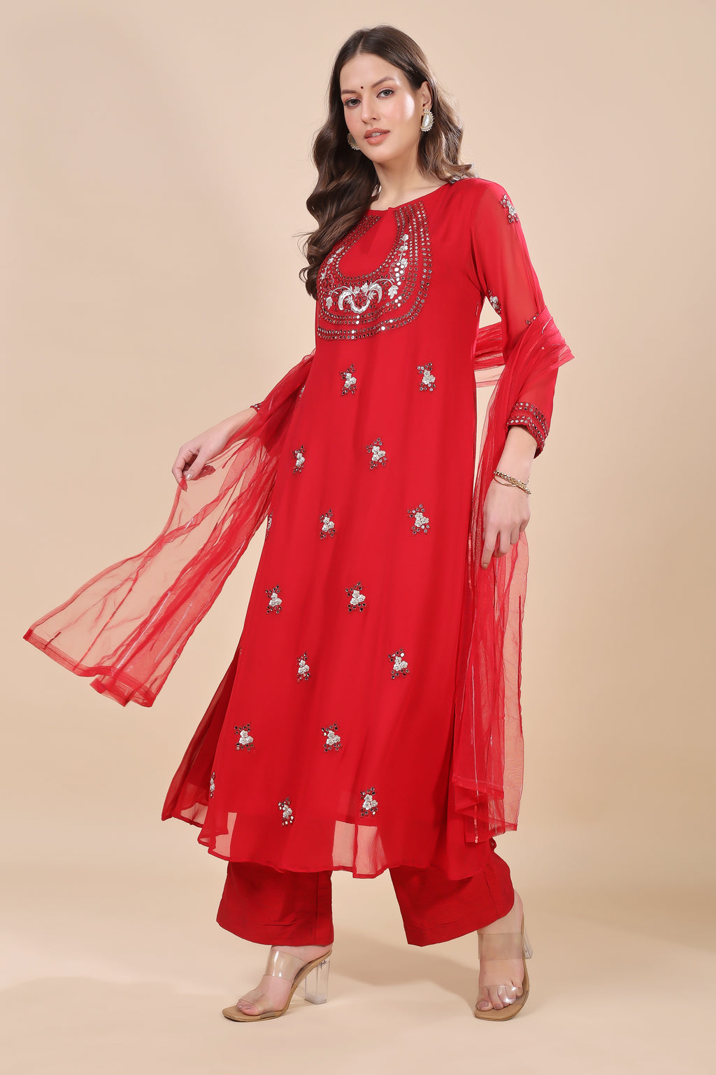 Red Embroidered Kurta Set