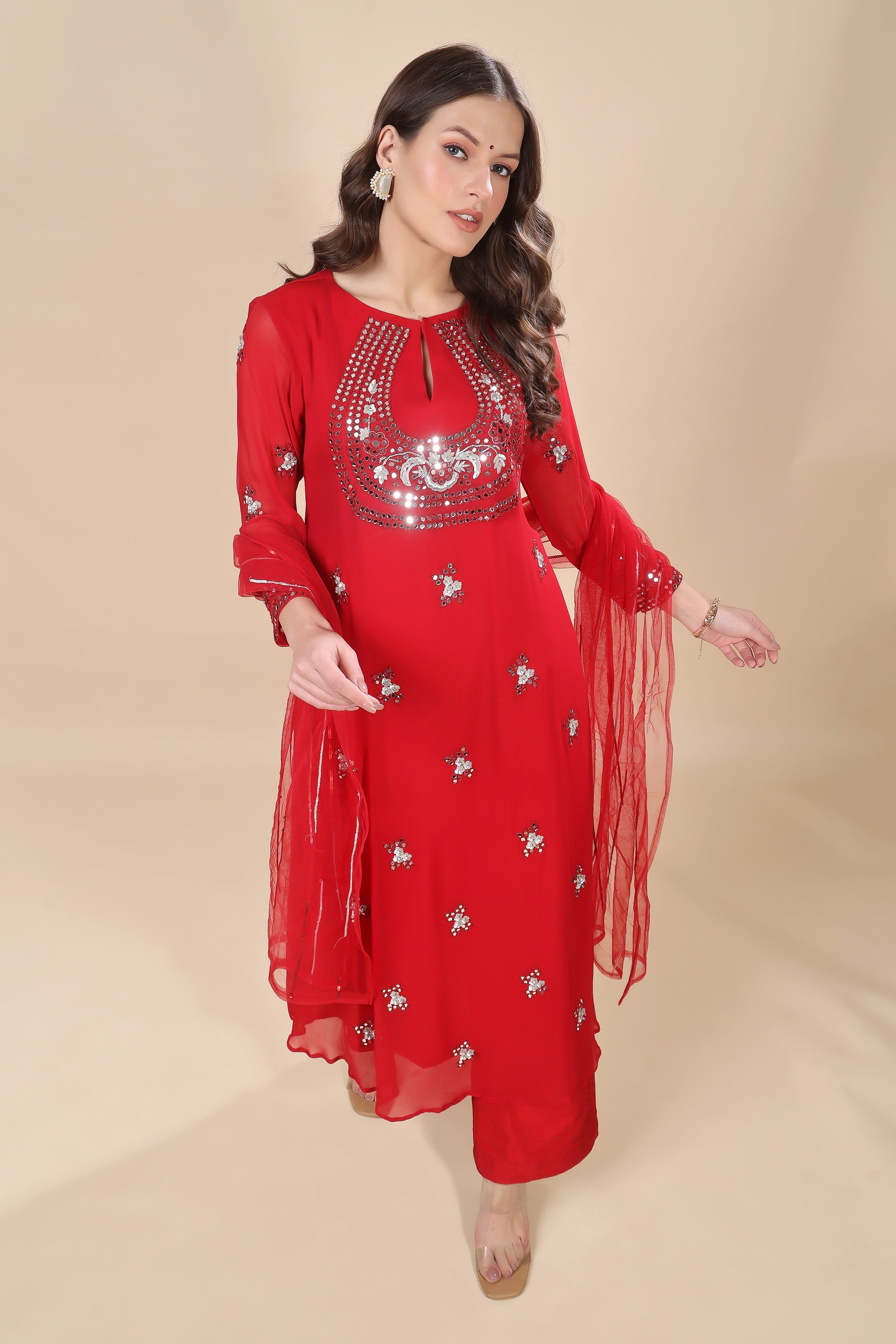 Red Embroidered Kurta Set
