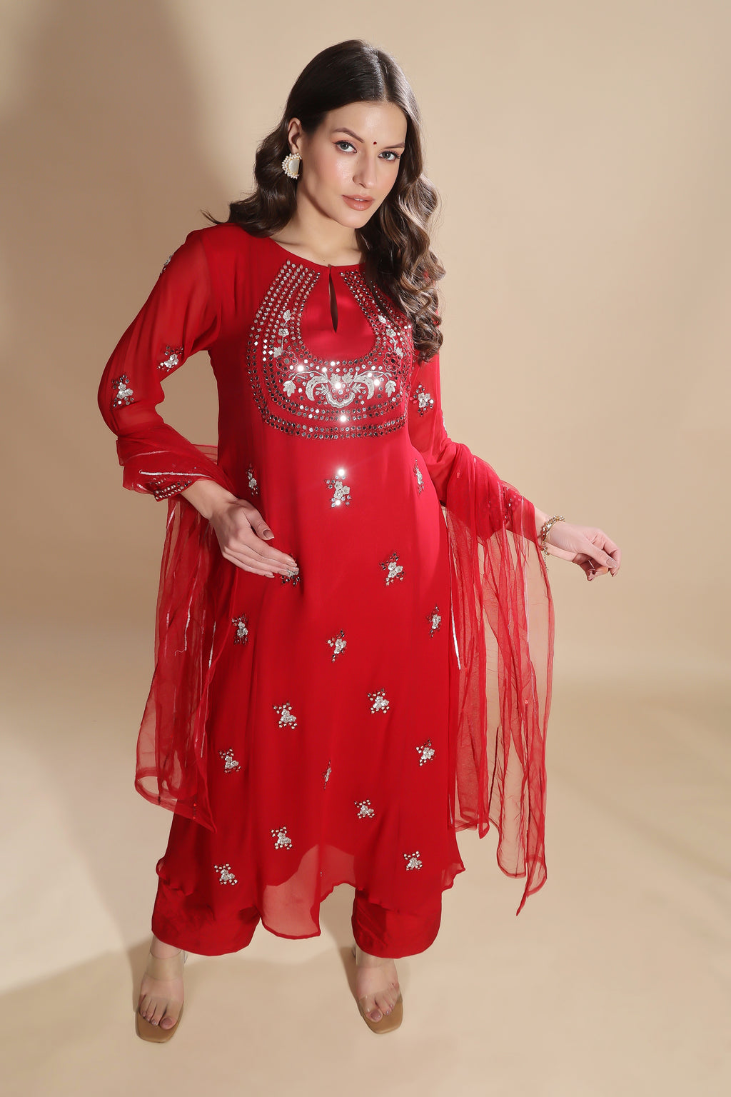 Red Embroidered Kurta Set