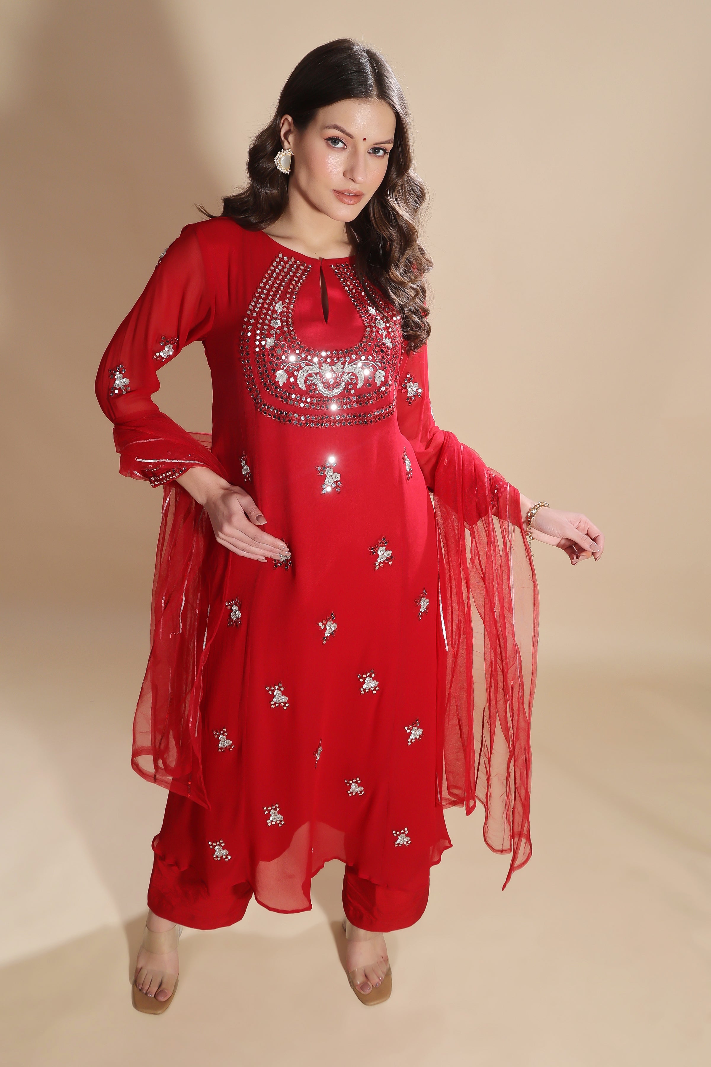 Red Embroidered Kurta Set