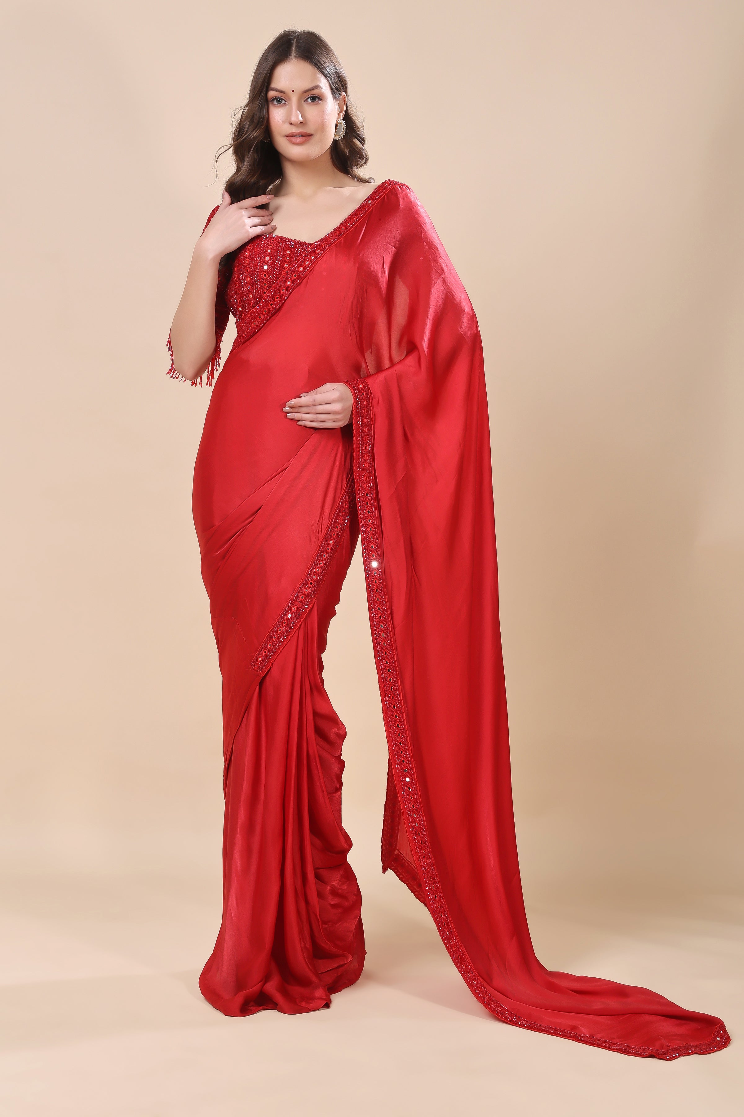 Crimson Elegance: Hand-Embellished Satin Silk Saree with Mirror Work Blouse