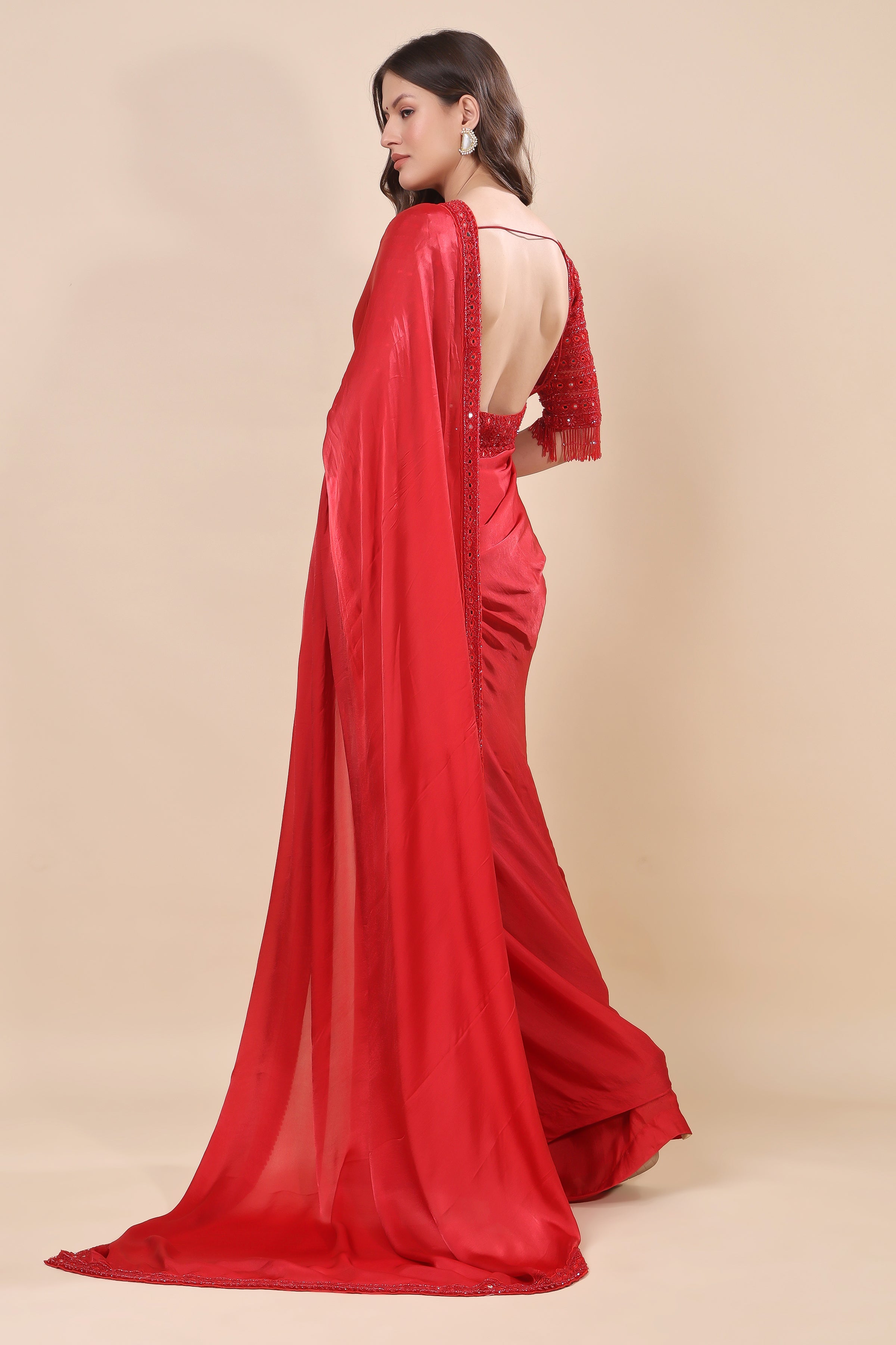 Crimson Elegance: Hand-Embellished Satin Silk Saree with Mirror Work Blouse