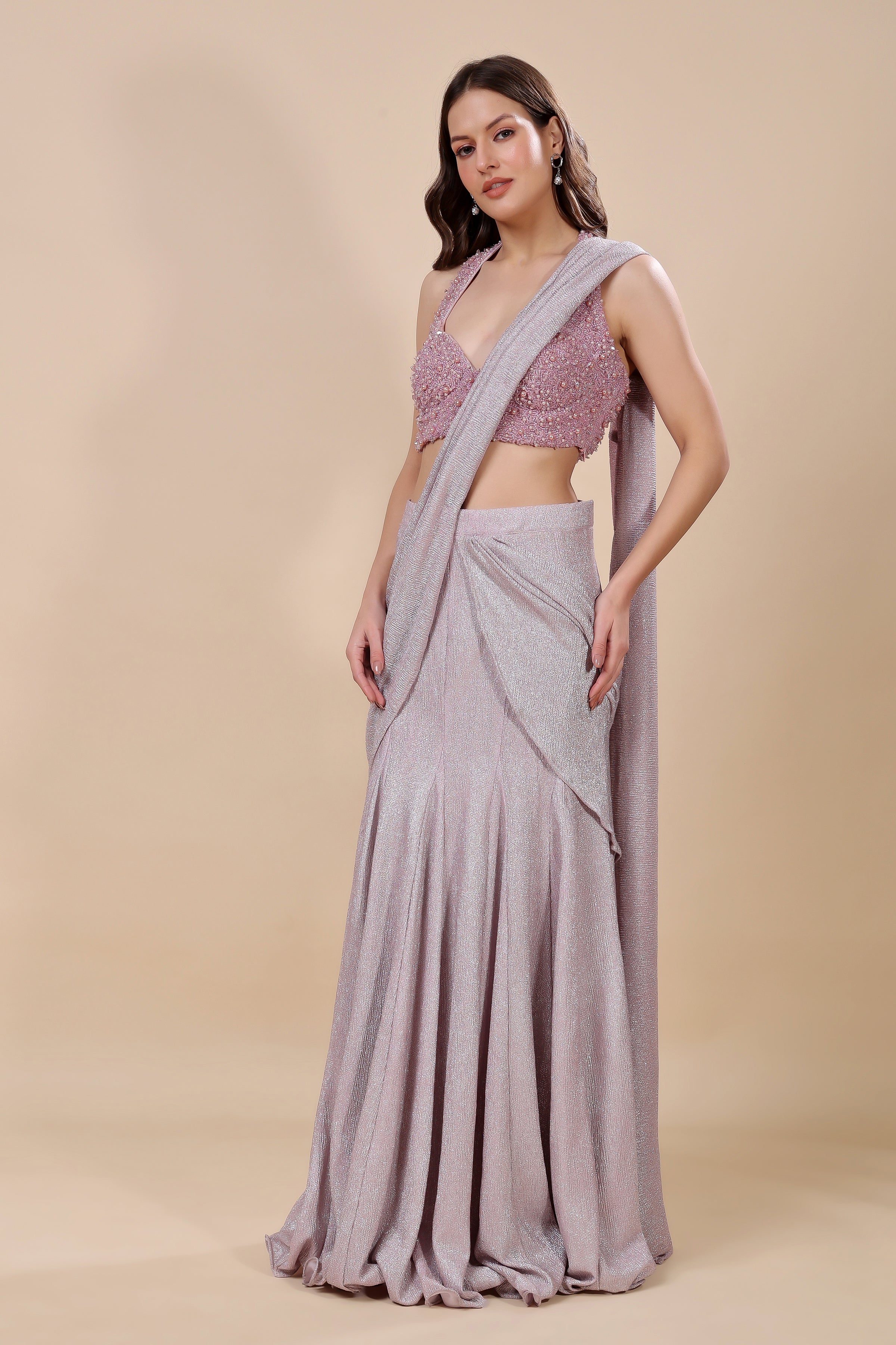 Lilac Luxe: Pre-Draped Shimmer Saree with Embellished Bustier Blouse
