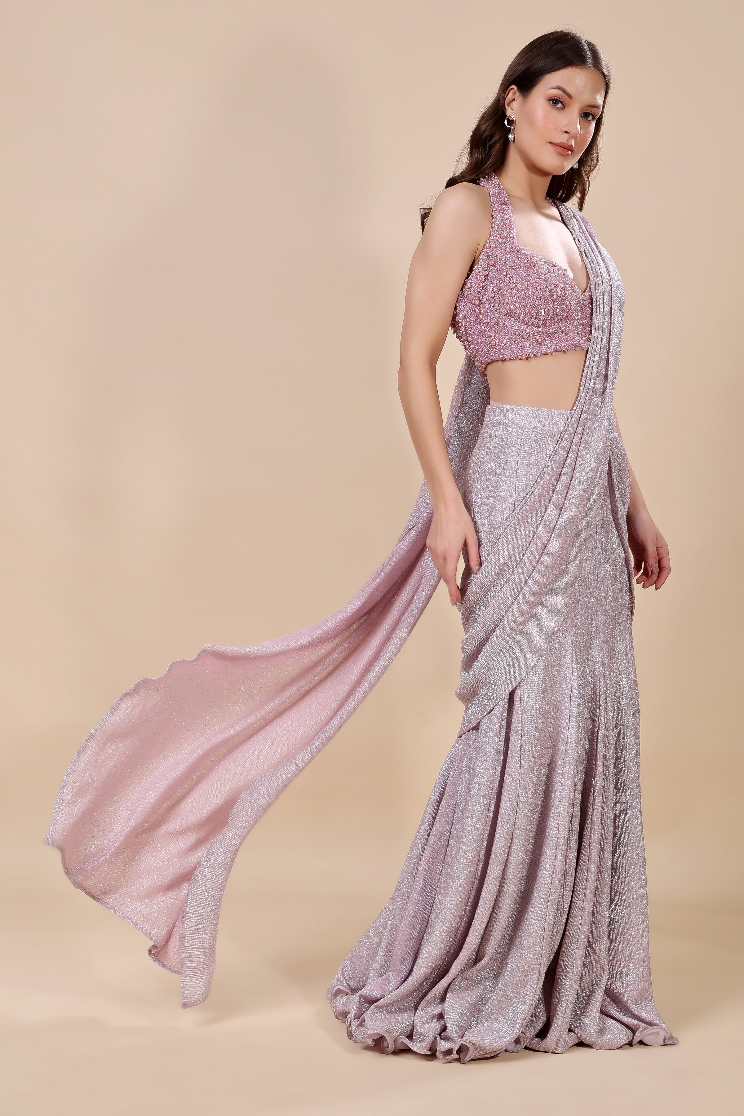 Lilac Luxe: Pre-Draped Shimmer Saree with Embellished Bustier Blouse