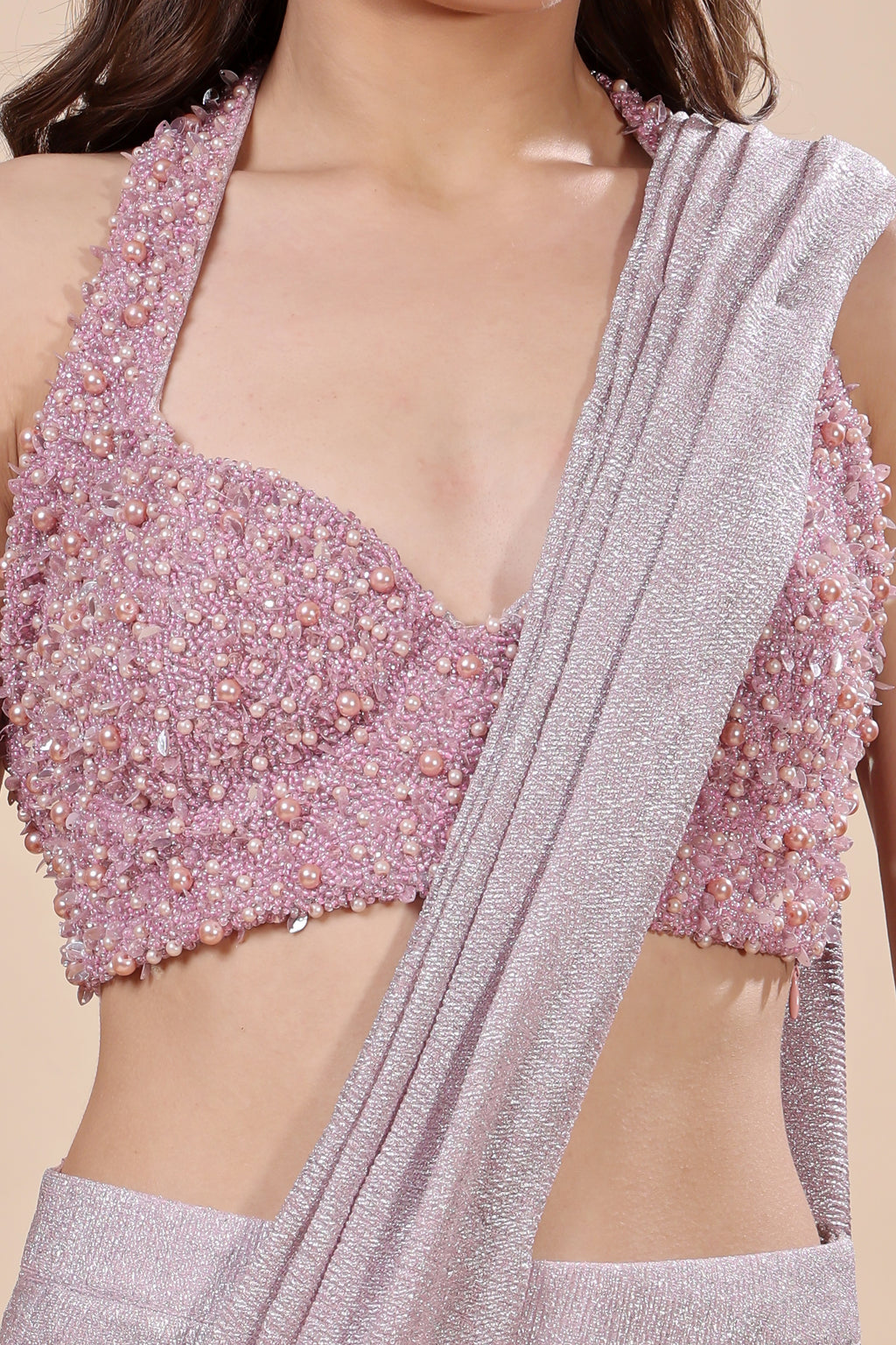 Lilac Luxe: Pre-Draped Shimmer Saree with Embellished Bustier Blouse
