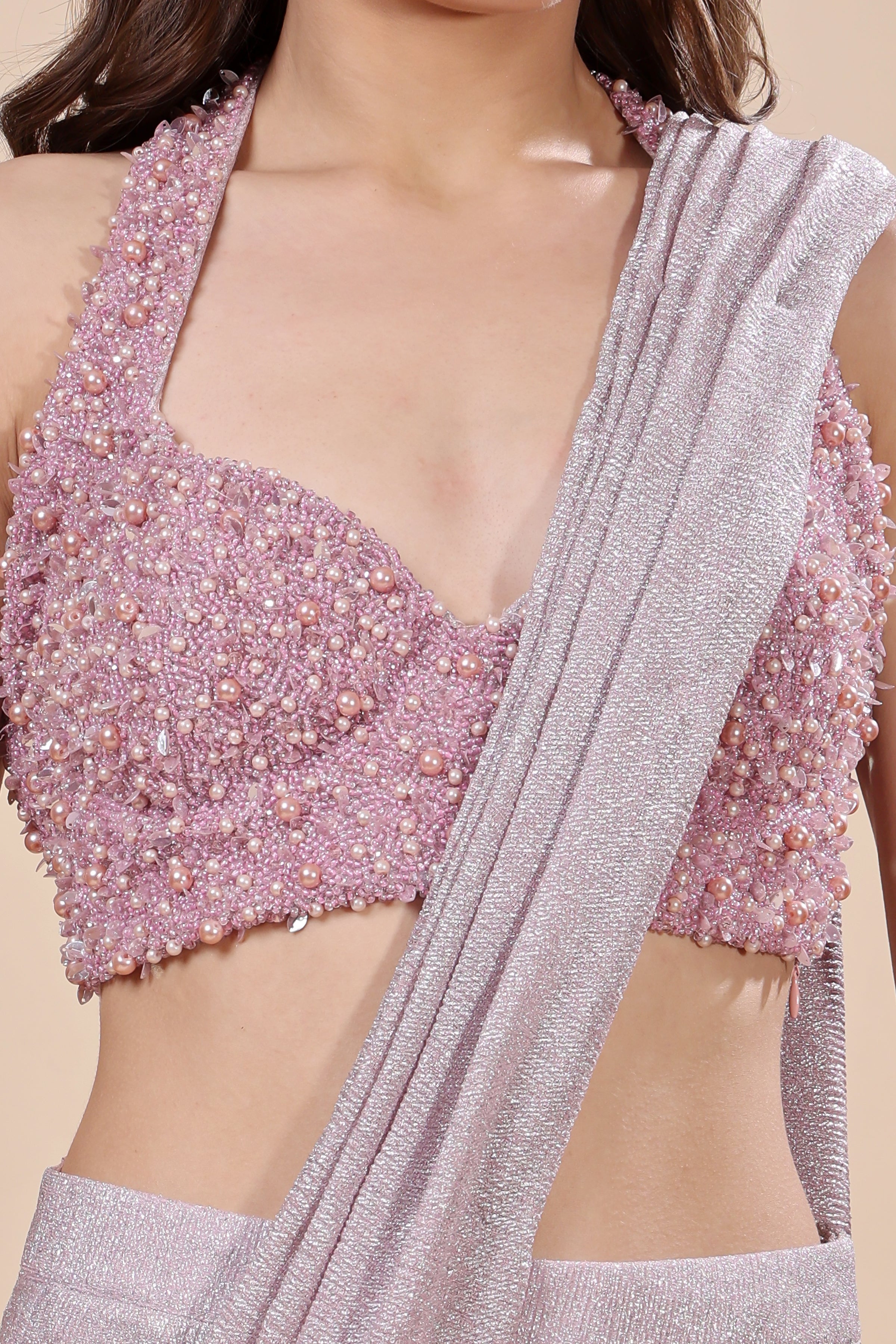 Lilac Luxe: Pre-Draped Shimmer Saree with Embellished Bustier Blouse