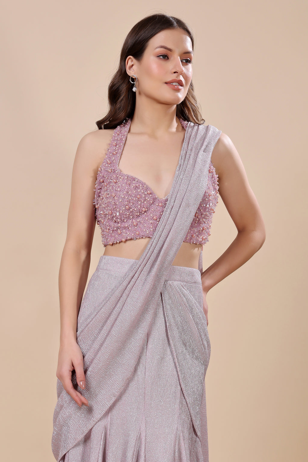 Lilac Luxe: Pre-Draped Shimmer Saree with Embellished Bustier Blouse