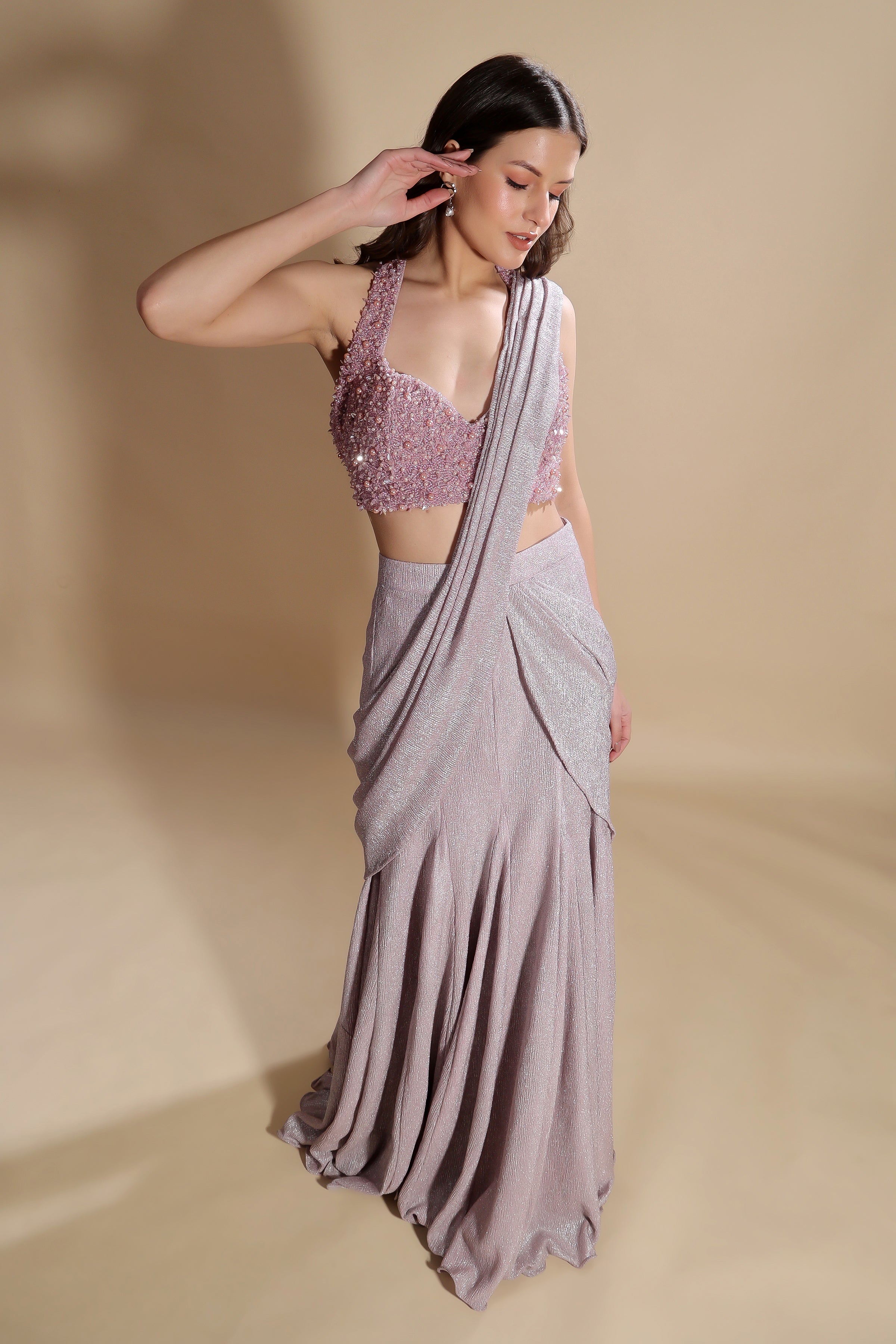 Lilac Luxe: Pre-Draped Shimmer Saree with Embellished Bustier Blouse