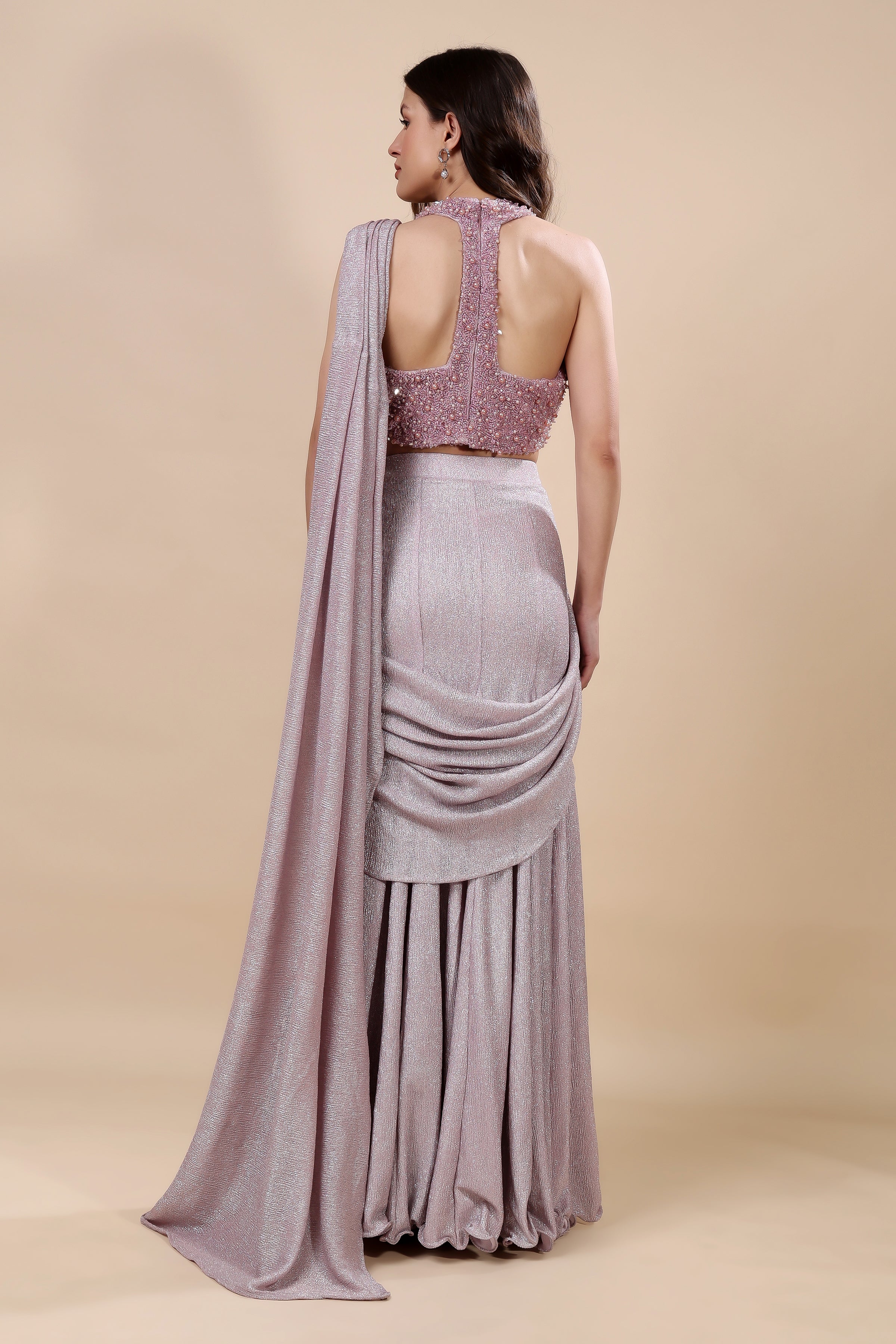 Lilac Luxe: Pre-Draped Shimmer Saree with Embellished Bustier Blouse