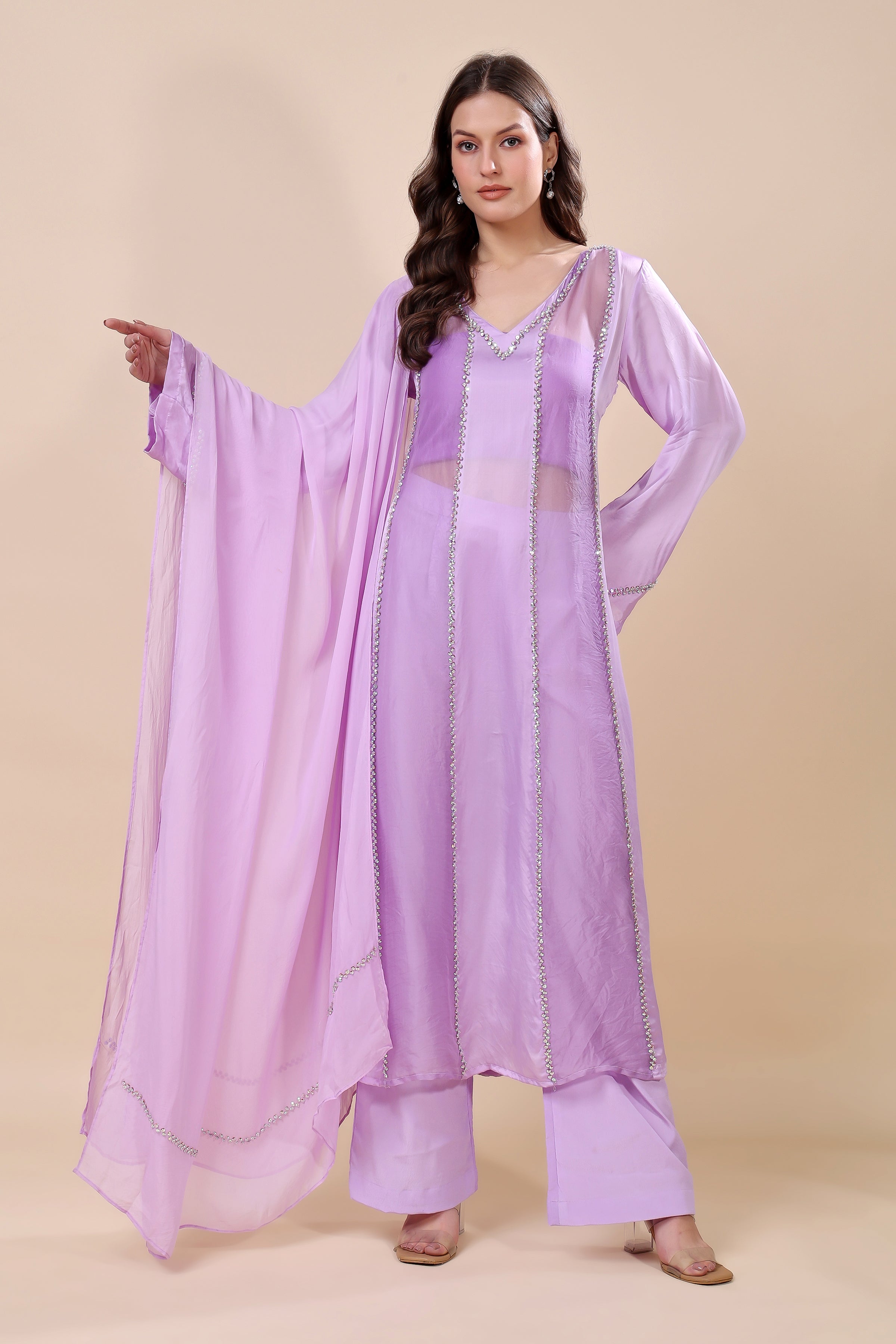 Purple Organza Embroidered Kurta Set