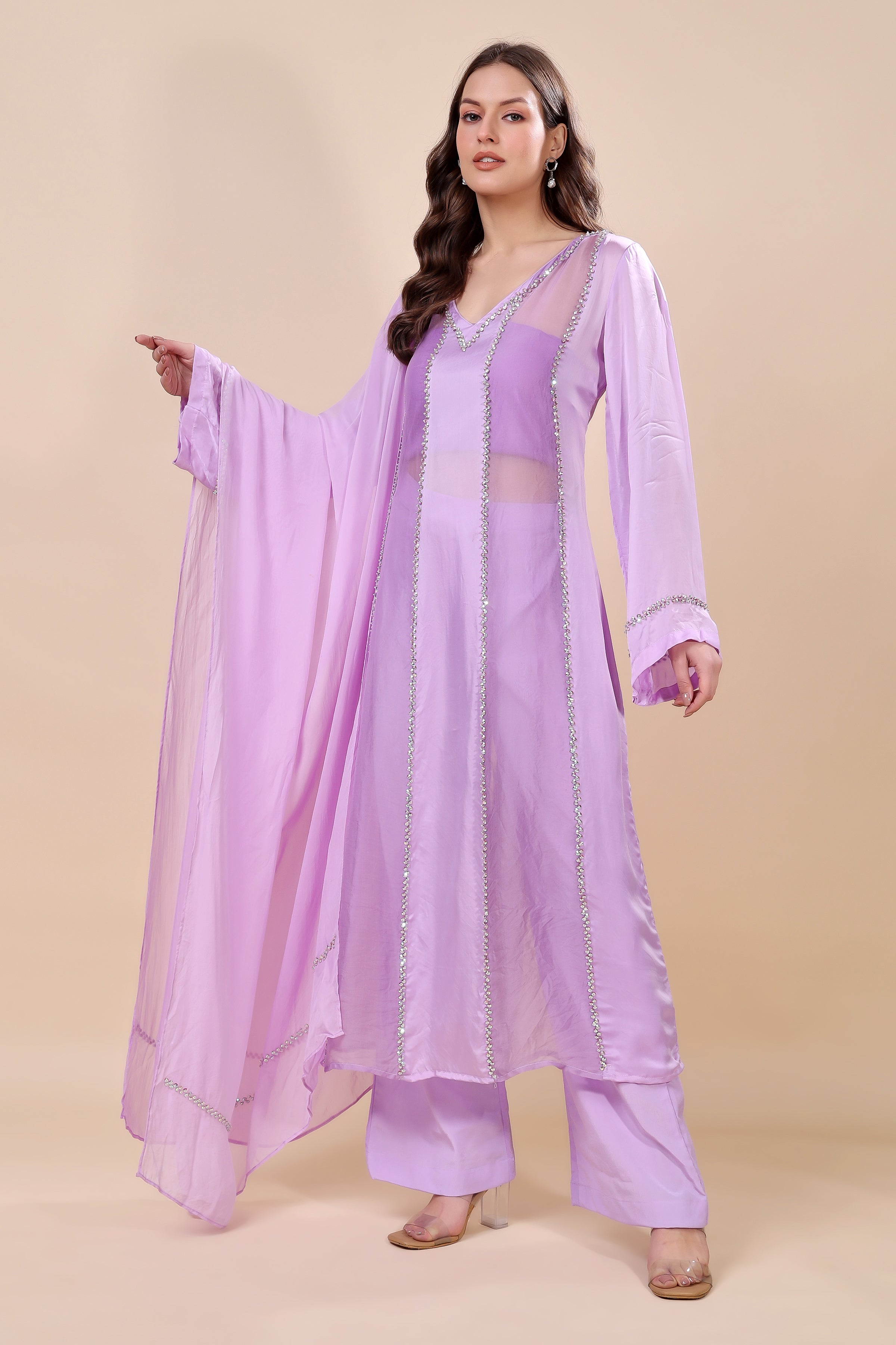 Purple Organza Embroidered Kurta Set