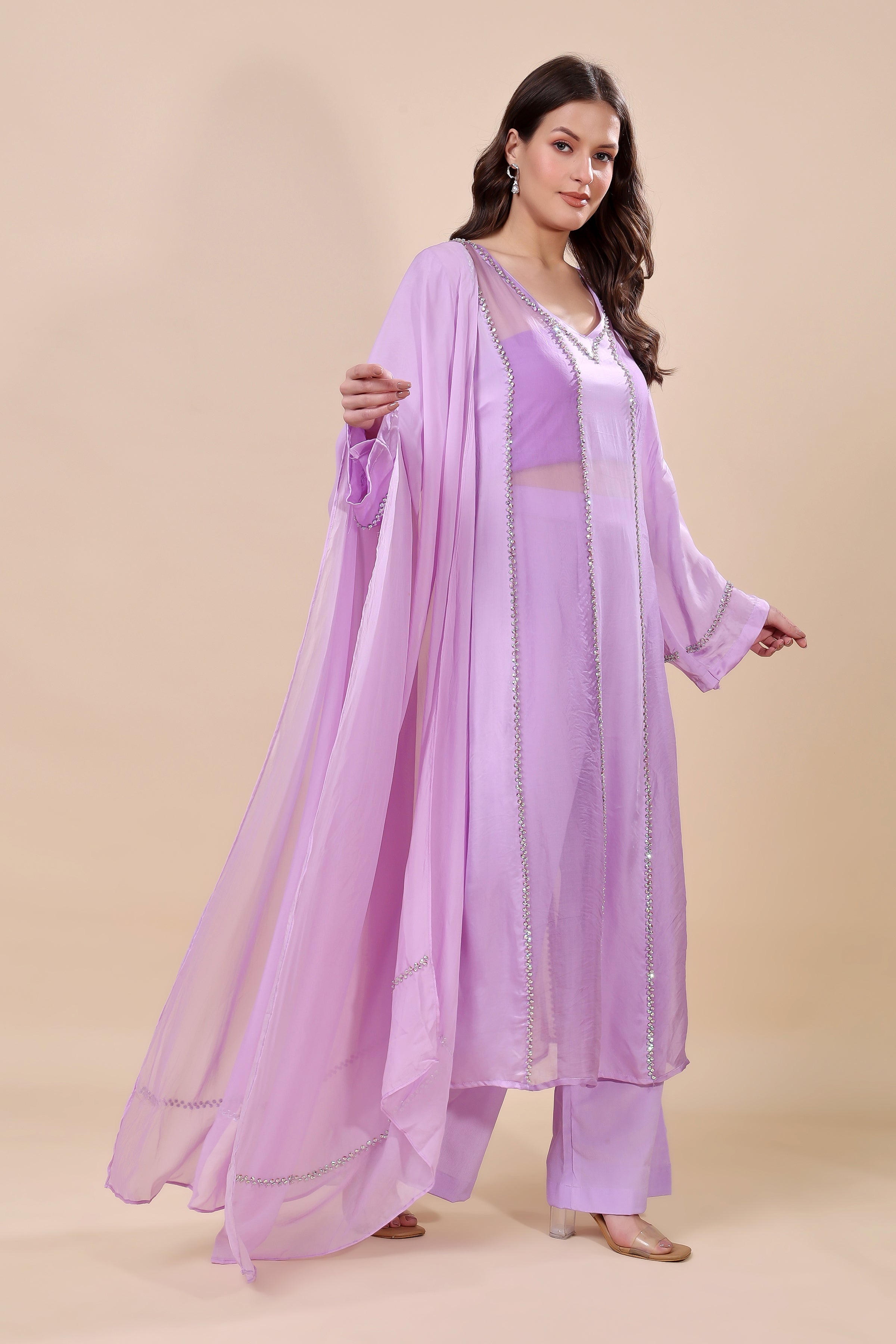 Purple Organza Embroidered Kurta Set