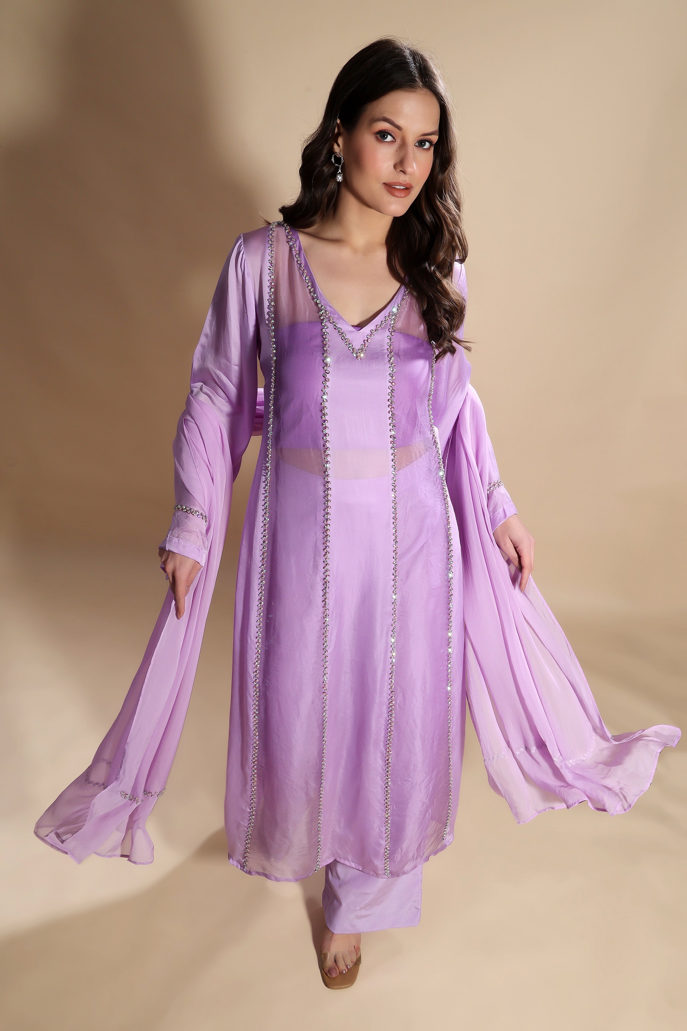 Purple Organza Embroidered Kurta Set