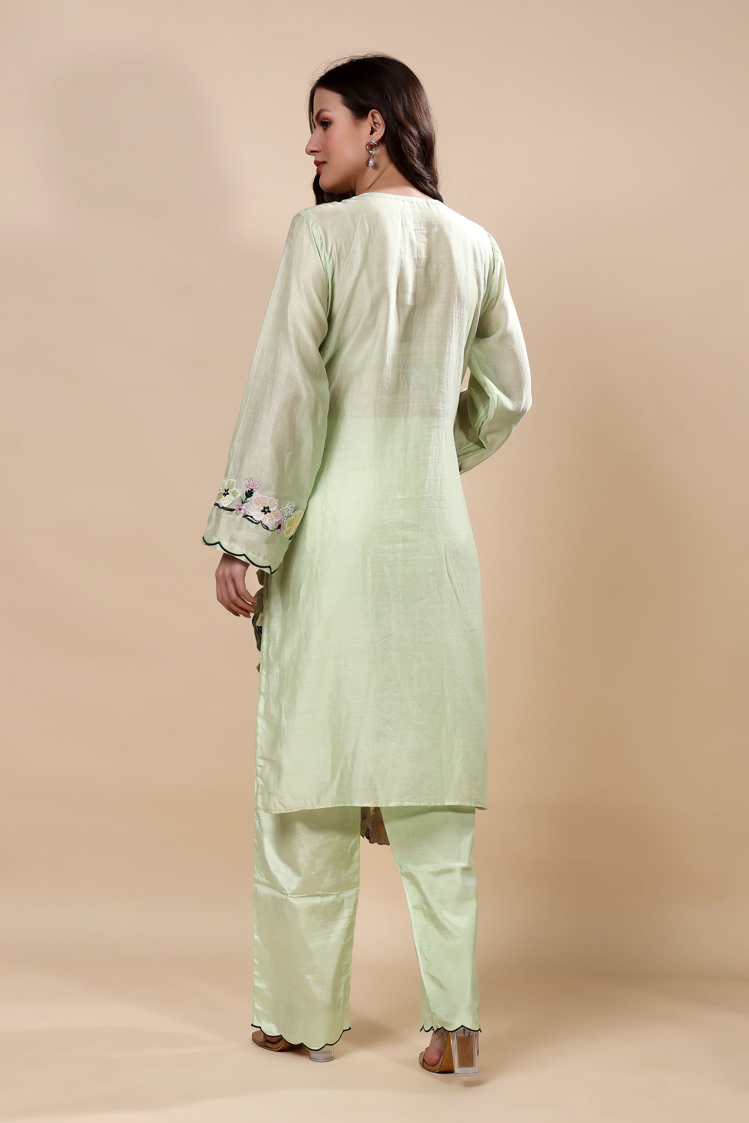 Mint Green Chanderi Embroidered Kurta Set