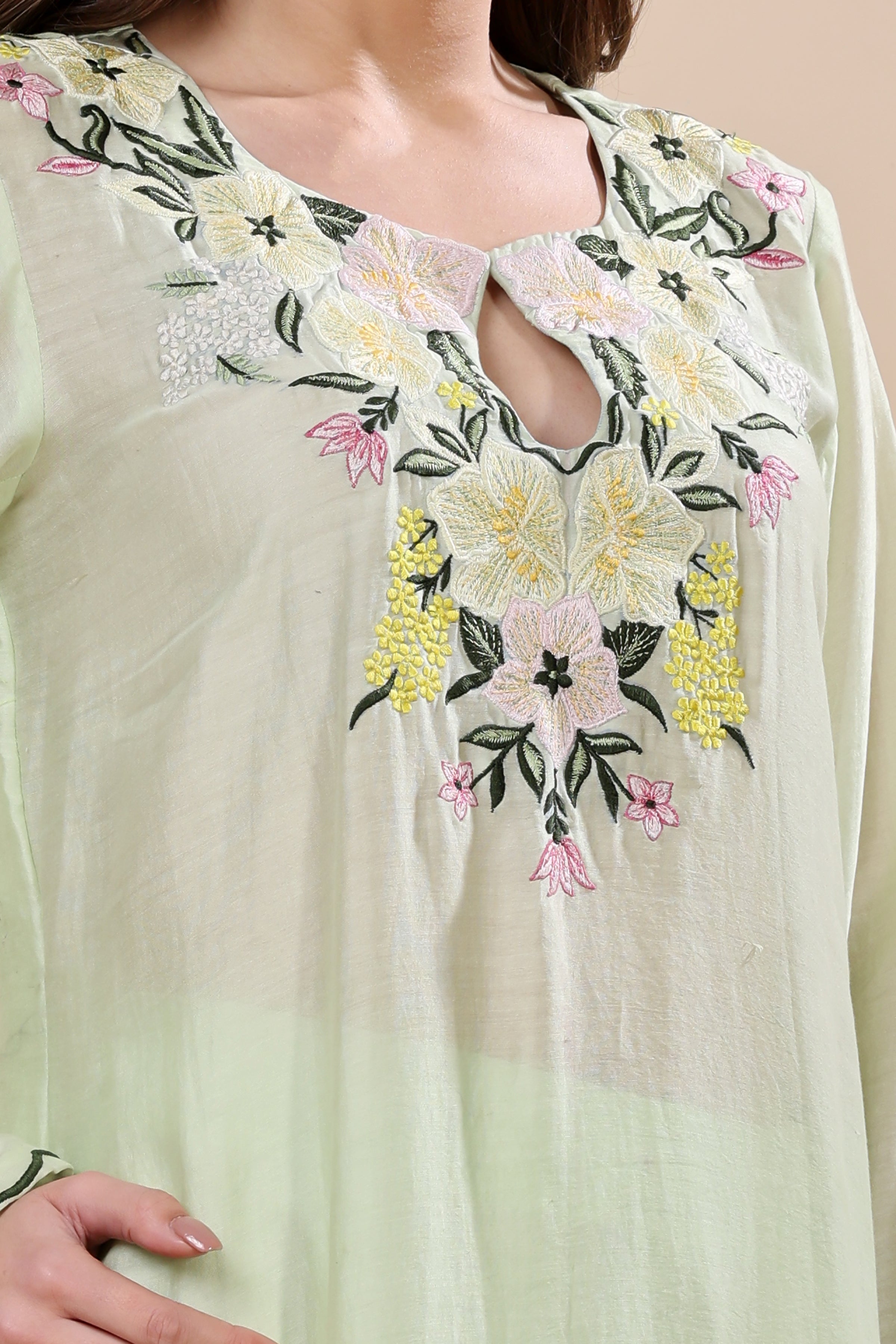 Mint Green Chanderi Embroidered Kurta Set