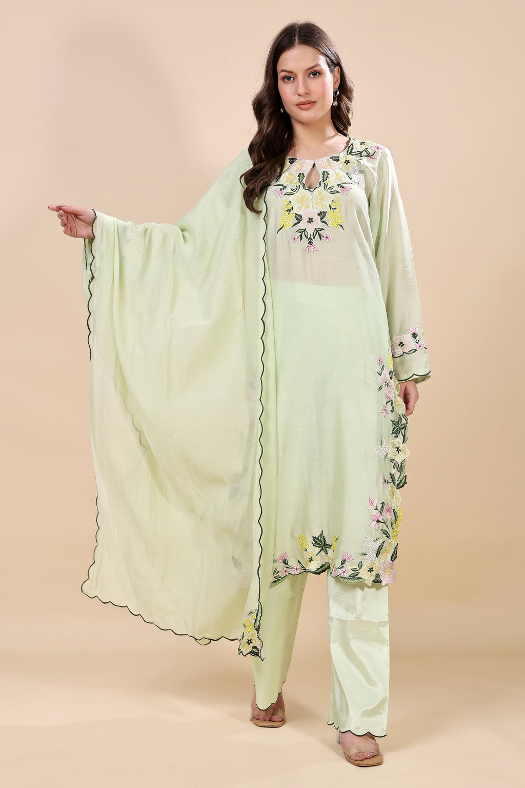 Mint Green Chanderi Embroidered Kurta Set