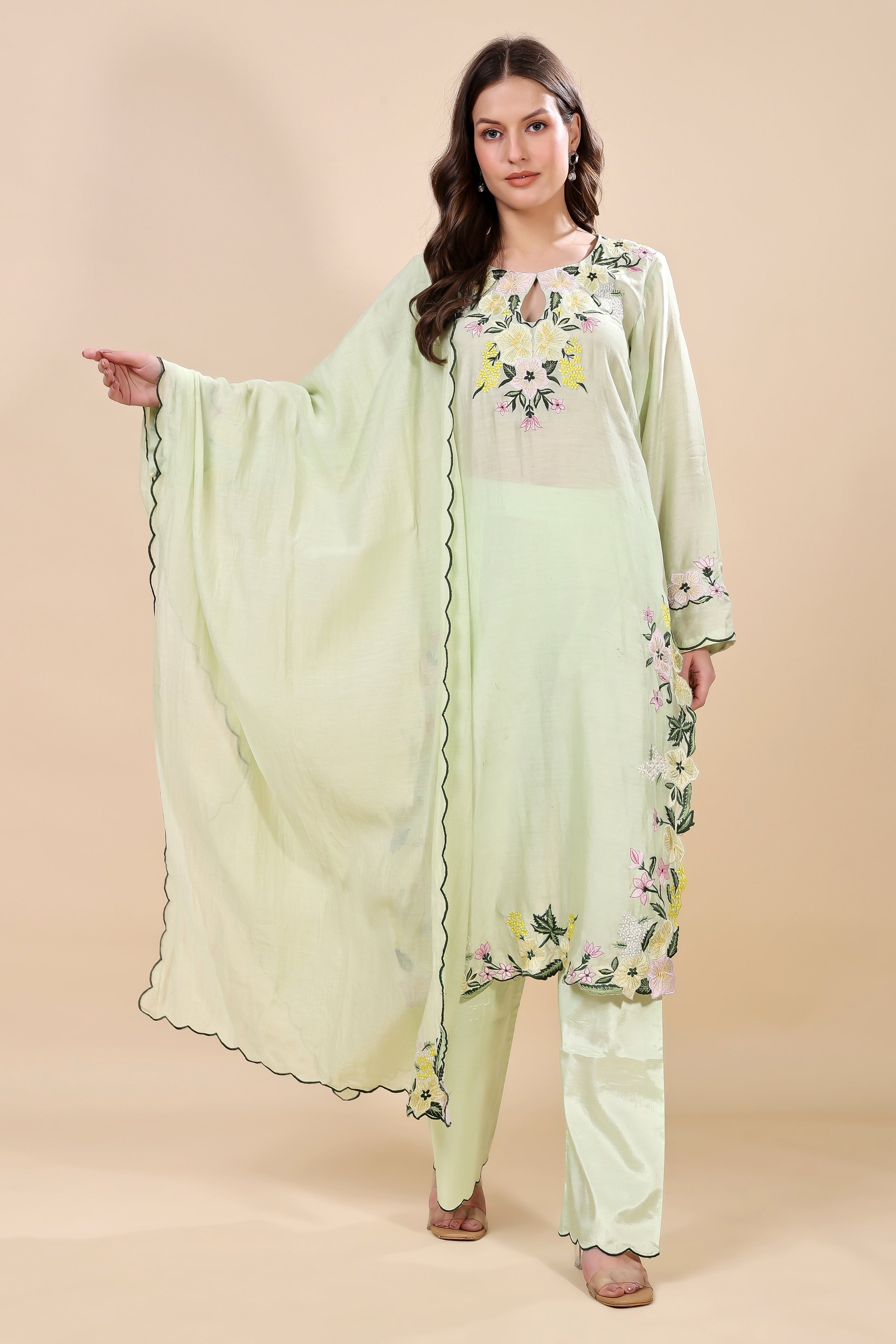 Mint Green Chanderi Embroidered Kurta Set