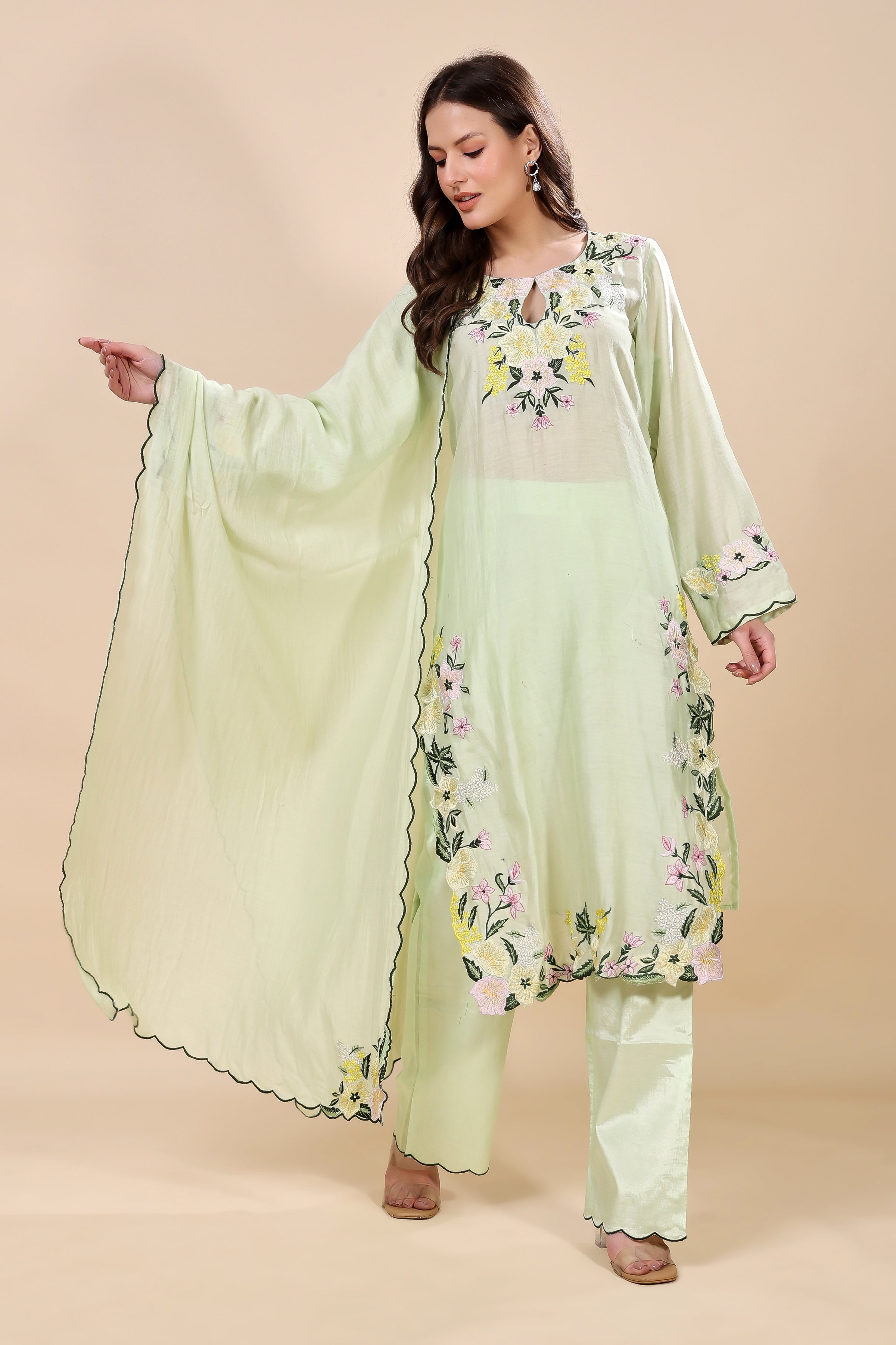 Mint Green Chanderi Embroidered Kurta Set